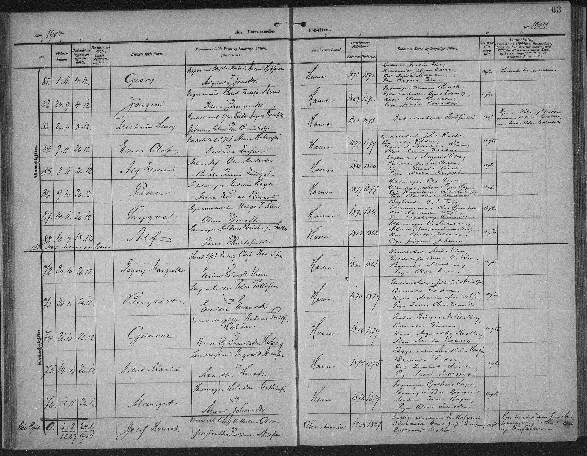 Hamar prestekontor, AV/SAH-DOMPH-002/H/Ha/Haa/L0001: Parish register (official) no. 1, 1900-1914, p. 63