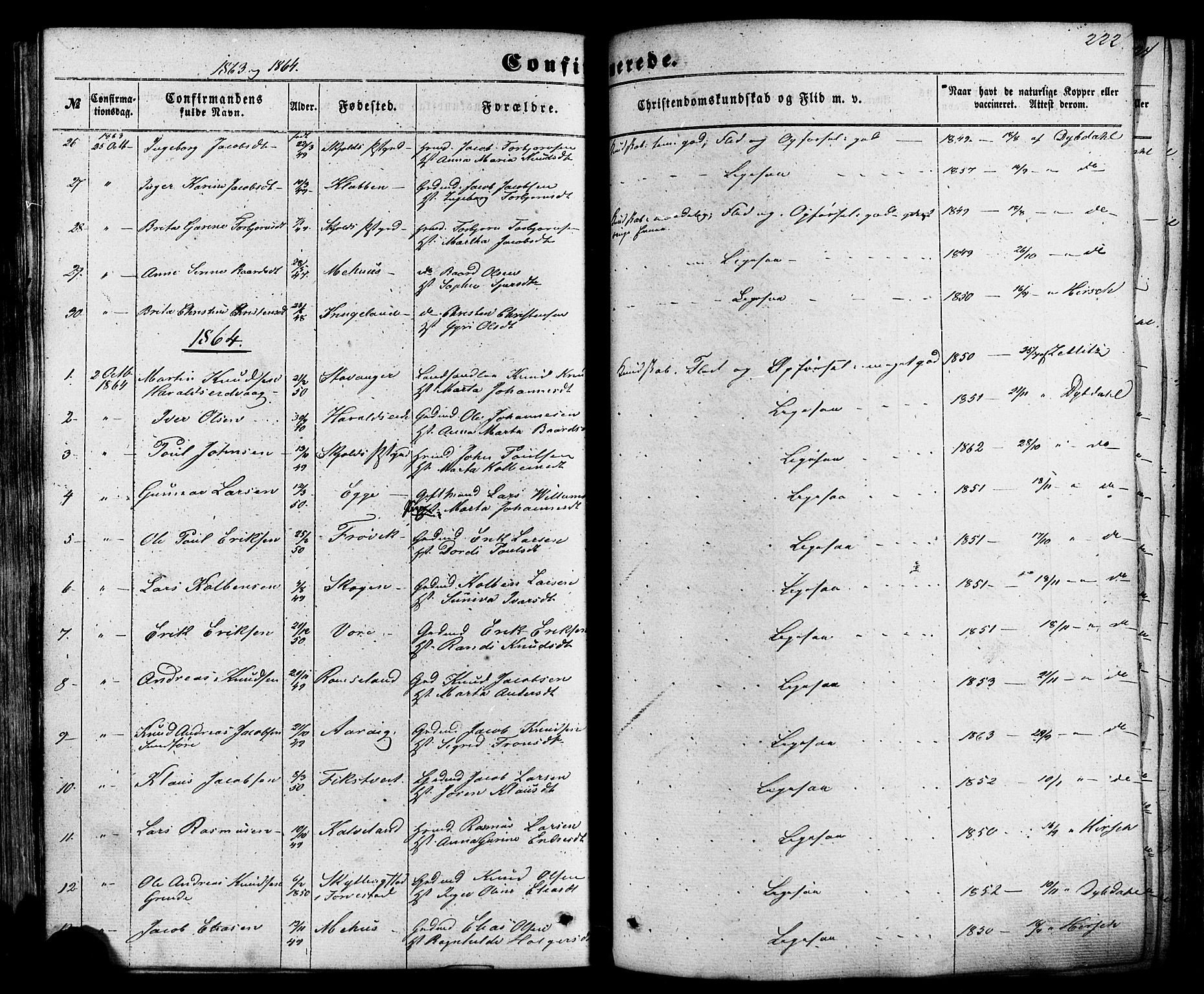 Skjold sokneprestkontor, AV/SAST-A-101847/H/Ha/Haa/L0008: Parish register (official) no. A 8, 1856-1882, p. 222