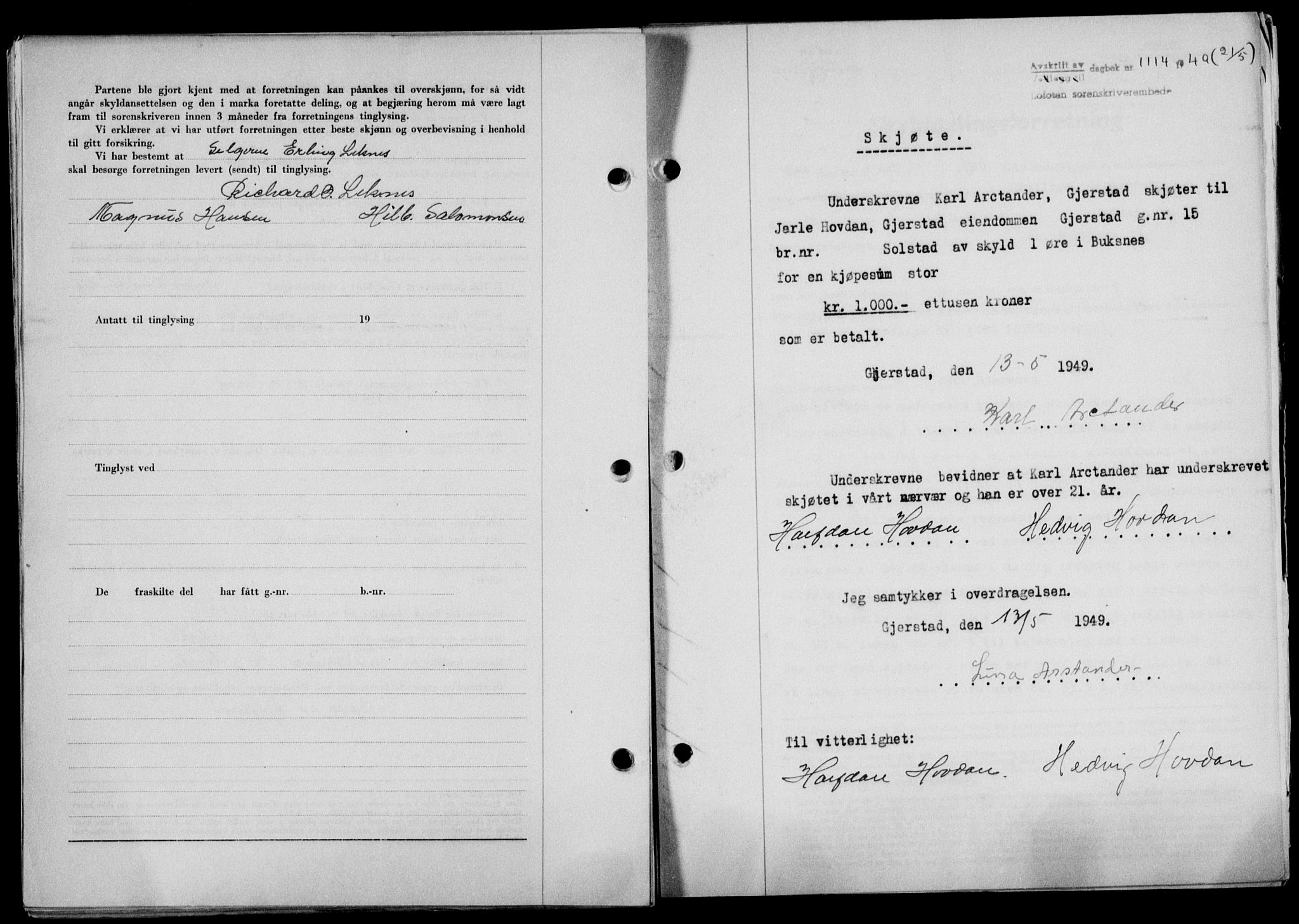 Lofoten sorenskriveri, SAT/A-0017/1/2/2C/L0020a: Mortgage book no. 20a, 1948-1949, Diary no: : 1114/1949