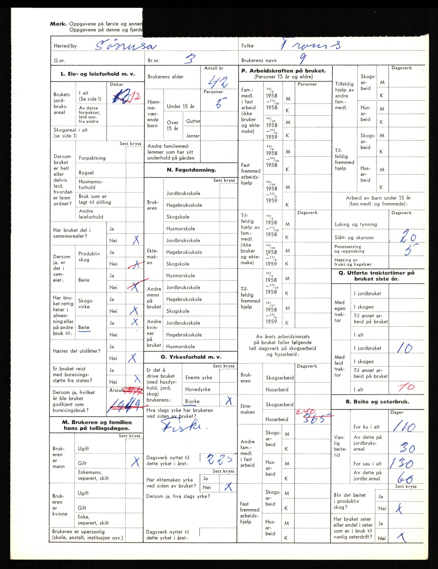 Statistisk sentralbyrå, Næringsøkonomiske emner, Jordbruk, skogbruk, jakt, fiske og fangst, AV/RA-S-2234/G/Gd/L0656: Troms: 1924 Målselv (kl. 0-3) og 1925 Sørreisa, 1959, p. 1448