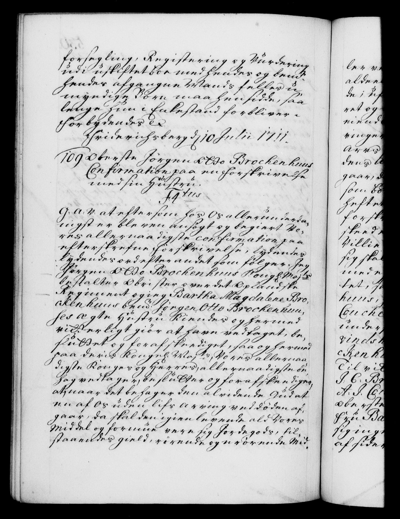 Danske Kanselli 1572-1799, AV/RA-EA-3023/F/Fc/Fca/Fcaa/L0020: Norske registre, 1708-1711, p. 536b