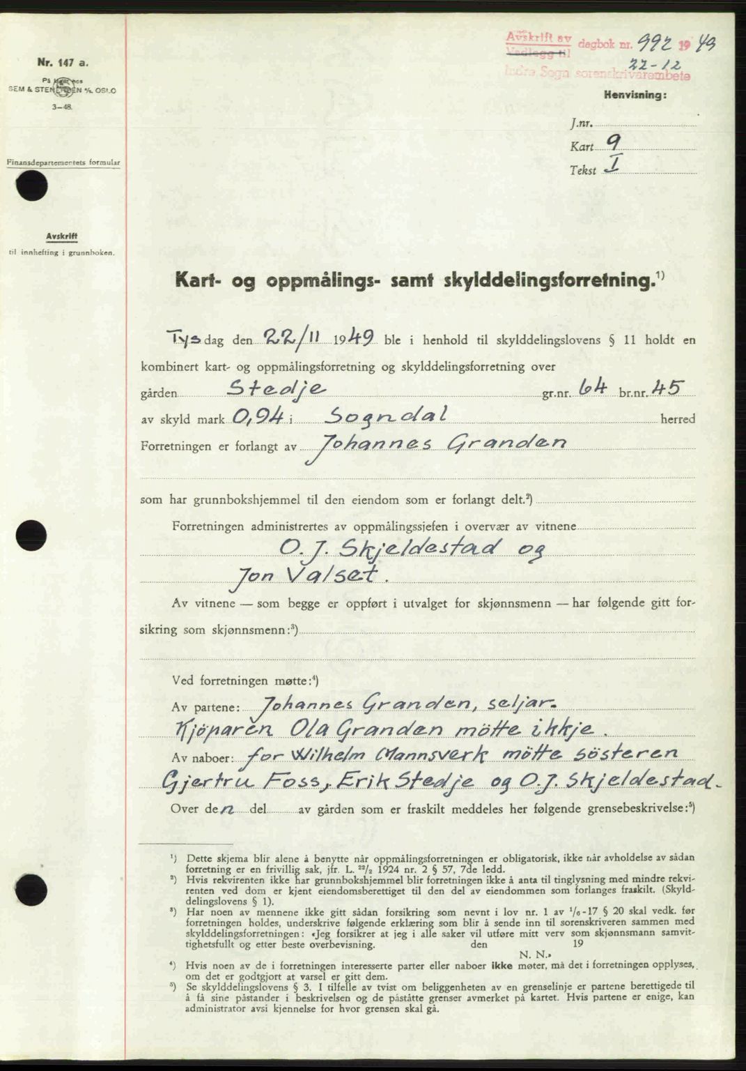 Indre Sogn tingrett, AV/SAB-A-3301/1/G/Gb/Gbb/L0010: Mortgage book no. A10, 1949-1949, Diary no: : 992/1949