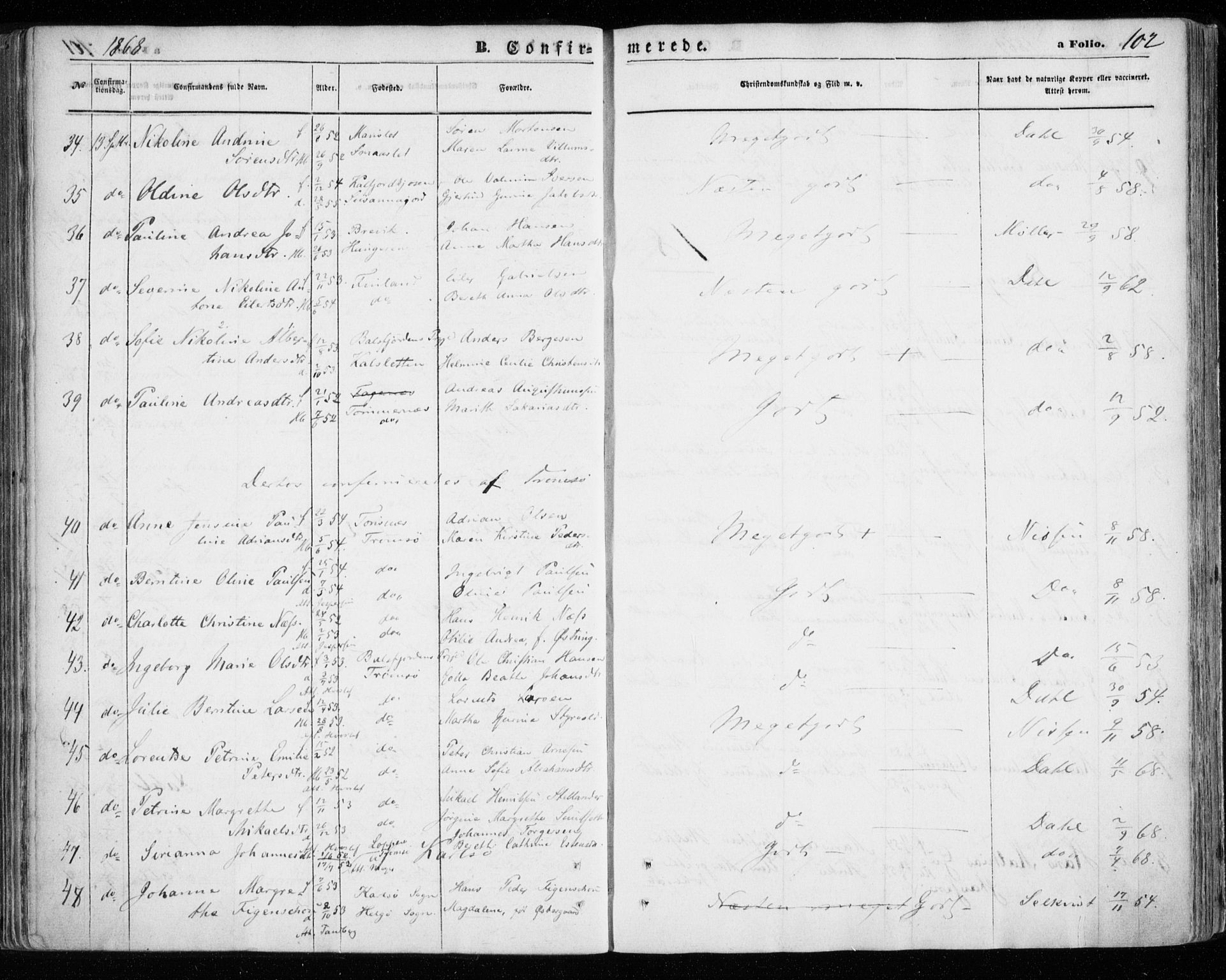 Tromsøysund sokneprestkontor, AV/SATØ-S-1304/G/Ga/L0002kirke: Parish register (official) no. 2, 1867-1875, p. 102