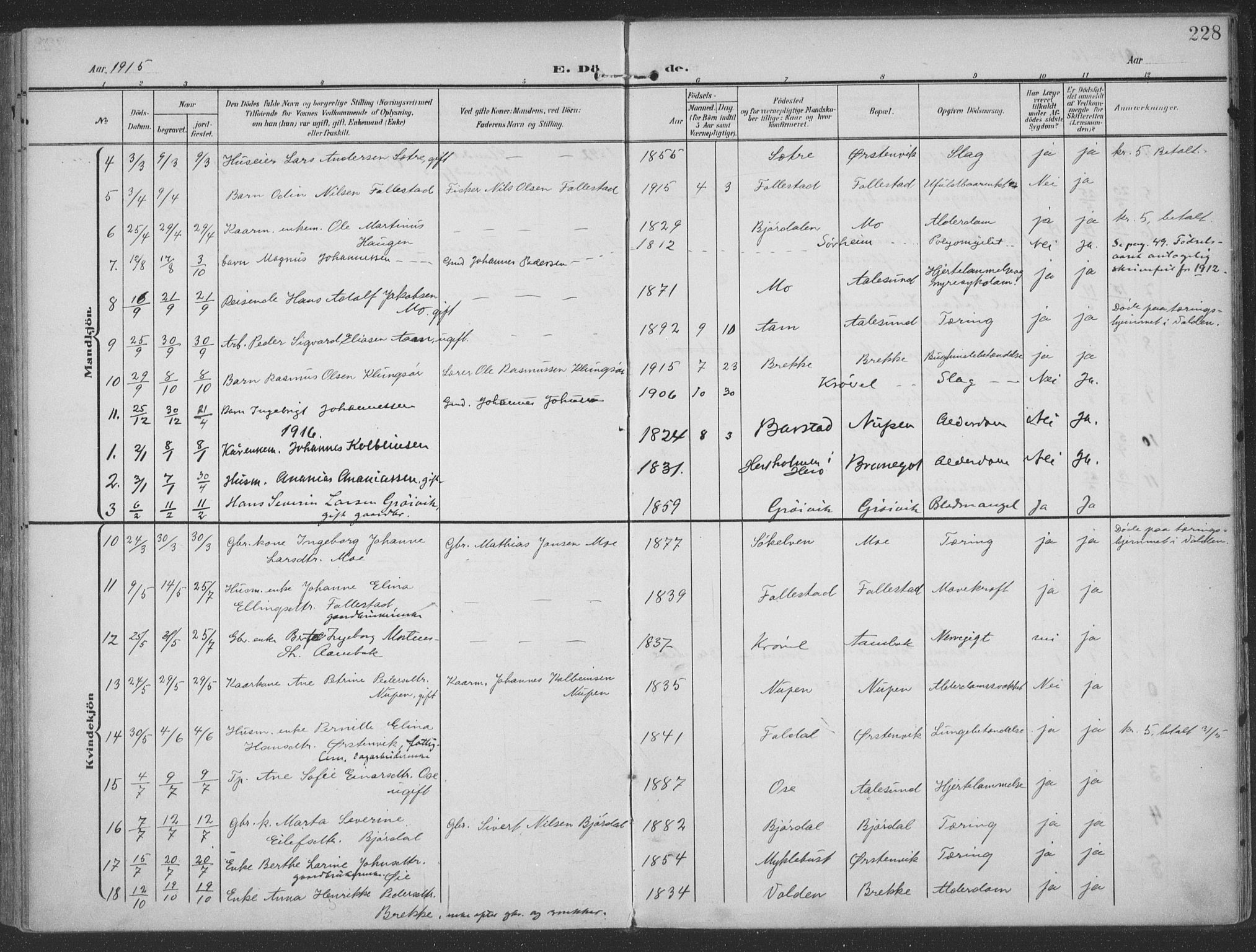 Ministerialprotokoller, klokkerbøker og fødselsregistre - Møre og Romsdal, SAT/A-1454/513/L0178: Parish register (official) no. 513A05, 1906-1919, p. 228