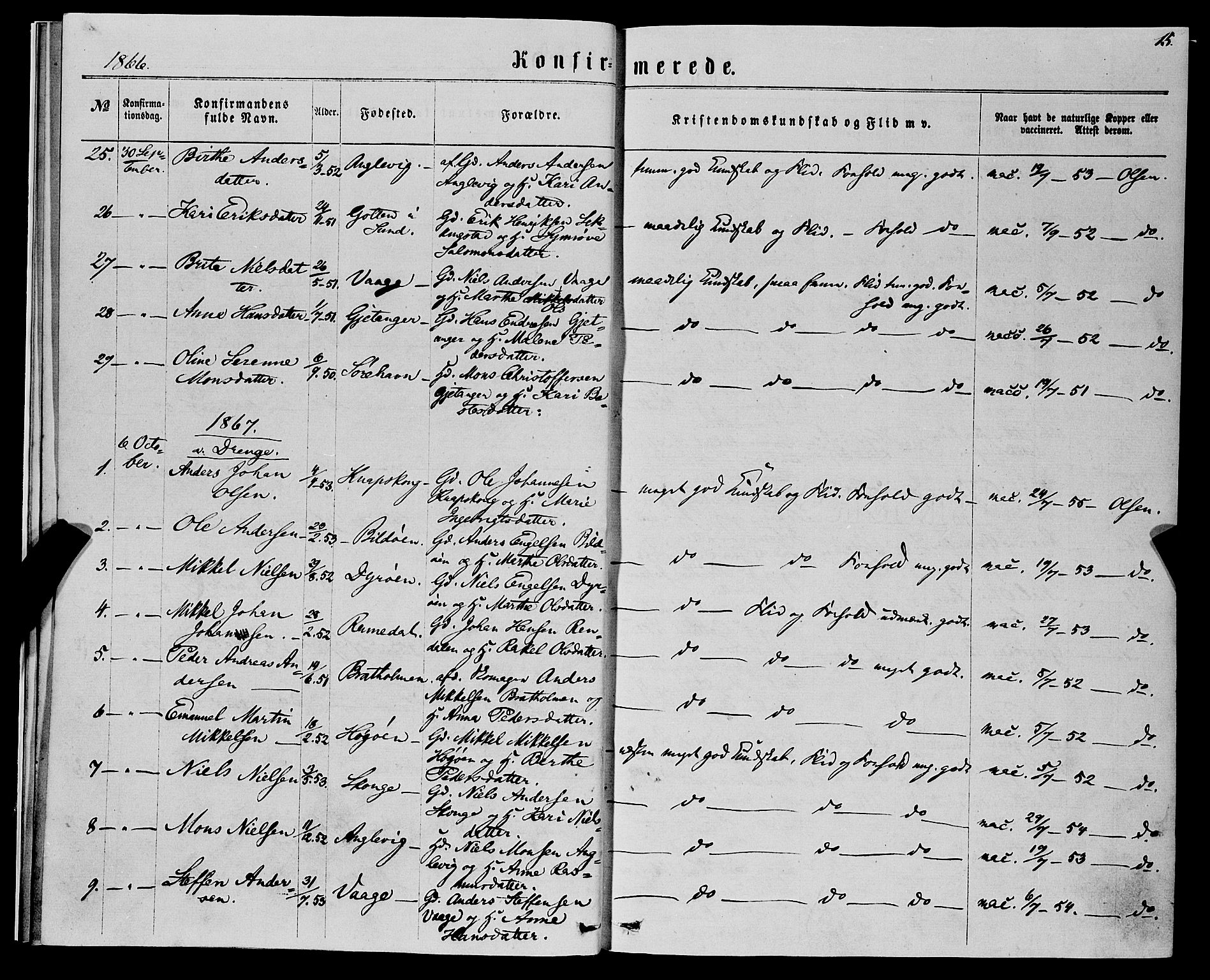 Fjell sokneprestembete, SAB/A-75301/H/Haa: Parish register (official) no. A 5, 1864-1877, p. 15