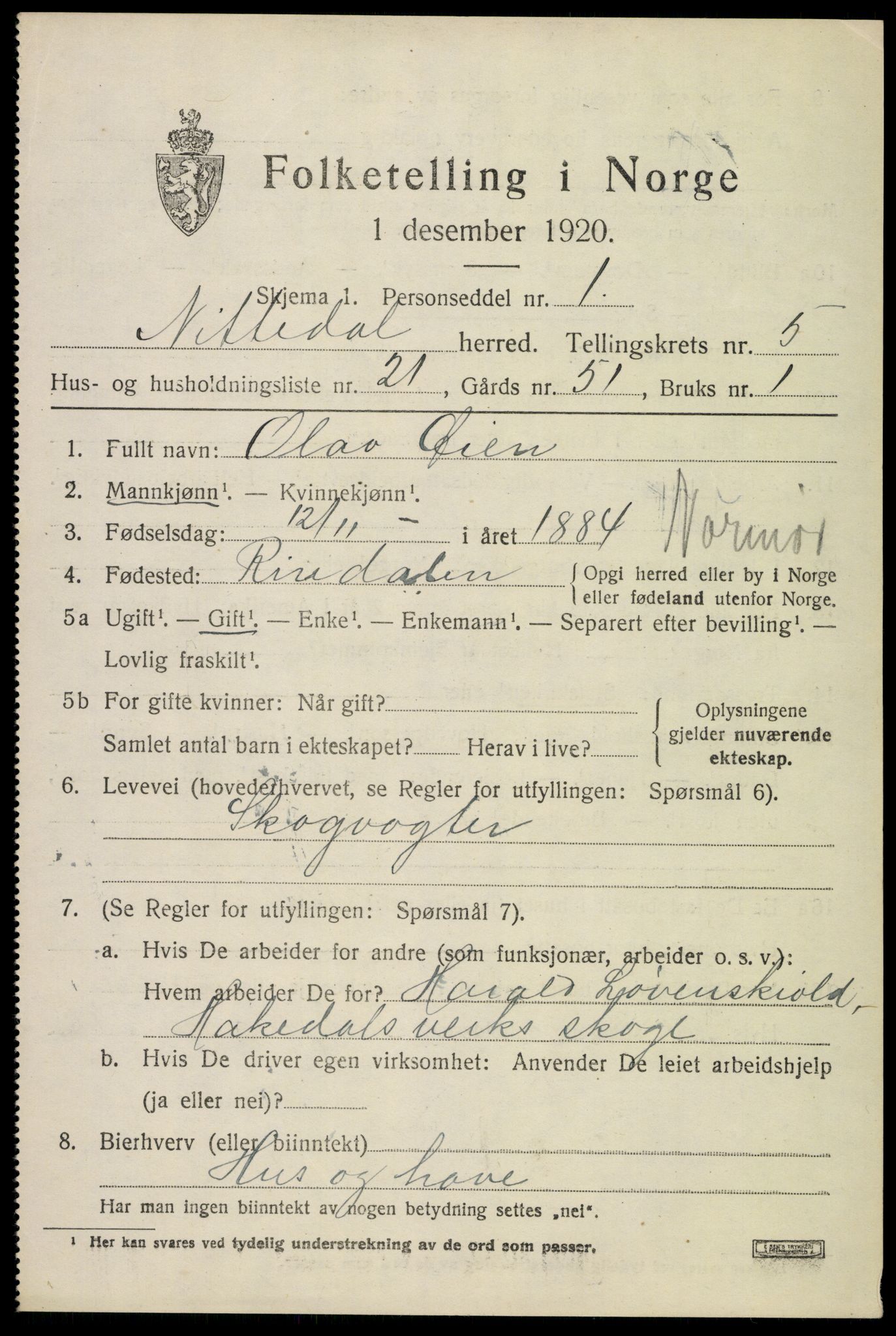 SAO, 1920 census for Nittedal, 1920, p. 6706