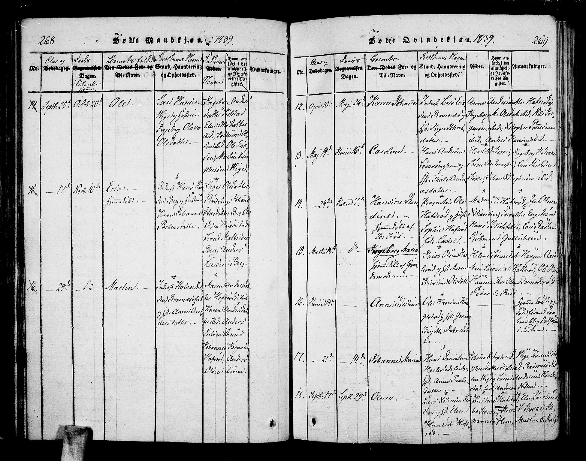 Hof kirkebøker, AV/SAKO-A-64/F/Fa/L0004: Parish register (official) no. I 4, 1814-1843, p. 268-269