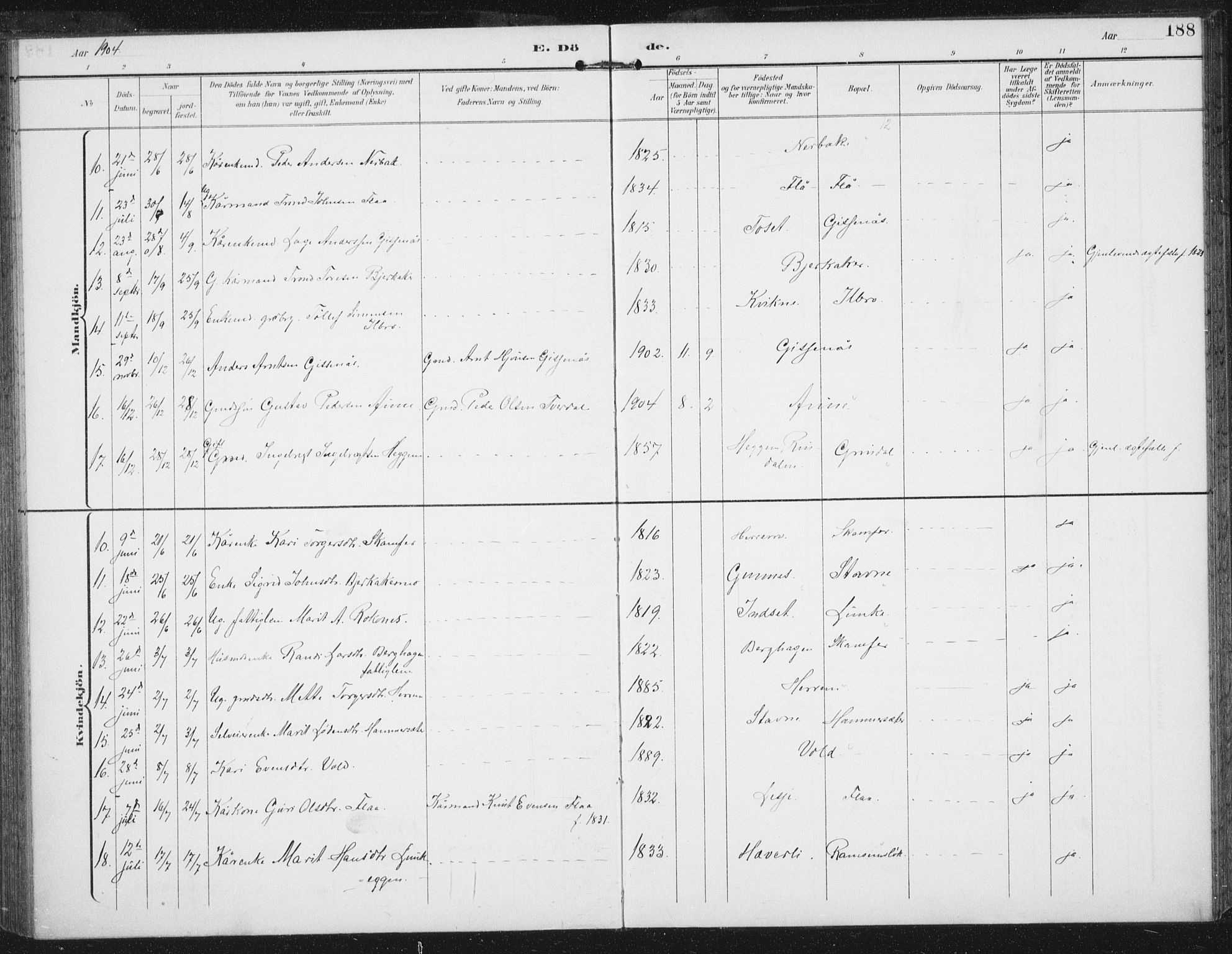 Ministerialprotokoller, klokkerbøker og fødselsregistre - Sør-Trøndelag, SAT/A-1456/674/L0872: Parish register (official) no. 674A04, 1897-1907, p. 188