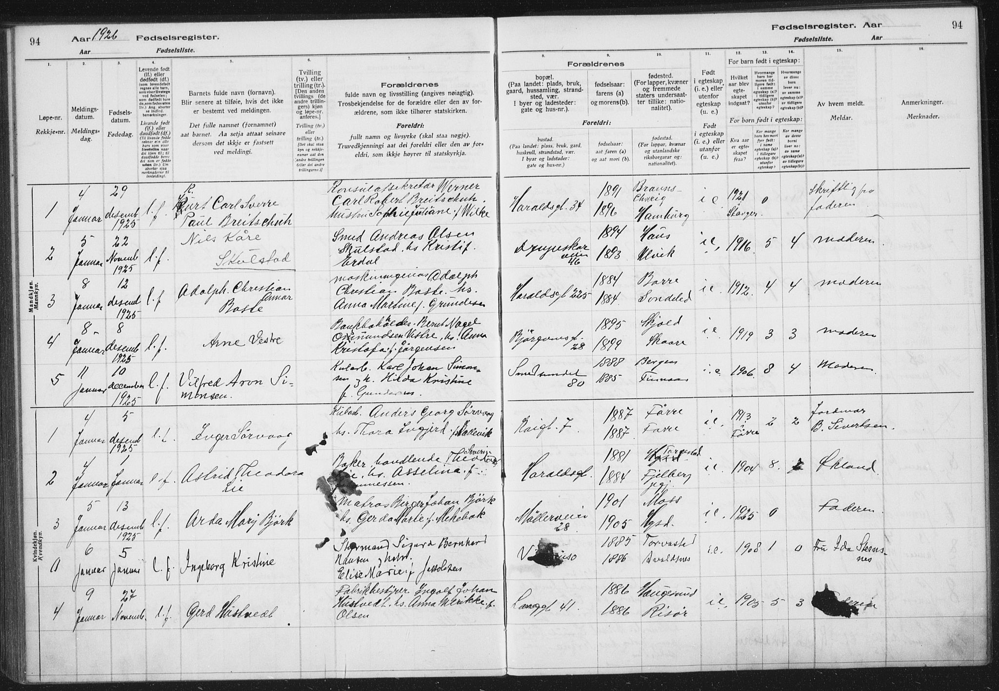 Haugesund sokneprestkontor, AV/SAST-A -101863/I/Id/L0005: Birth register no. 3, 1923-1929, p. 94
