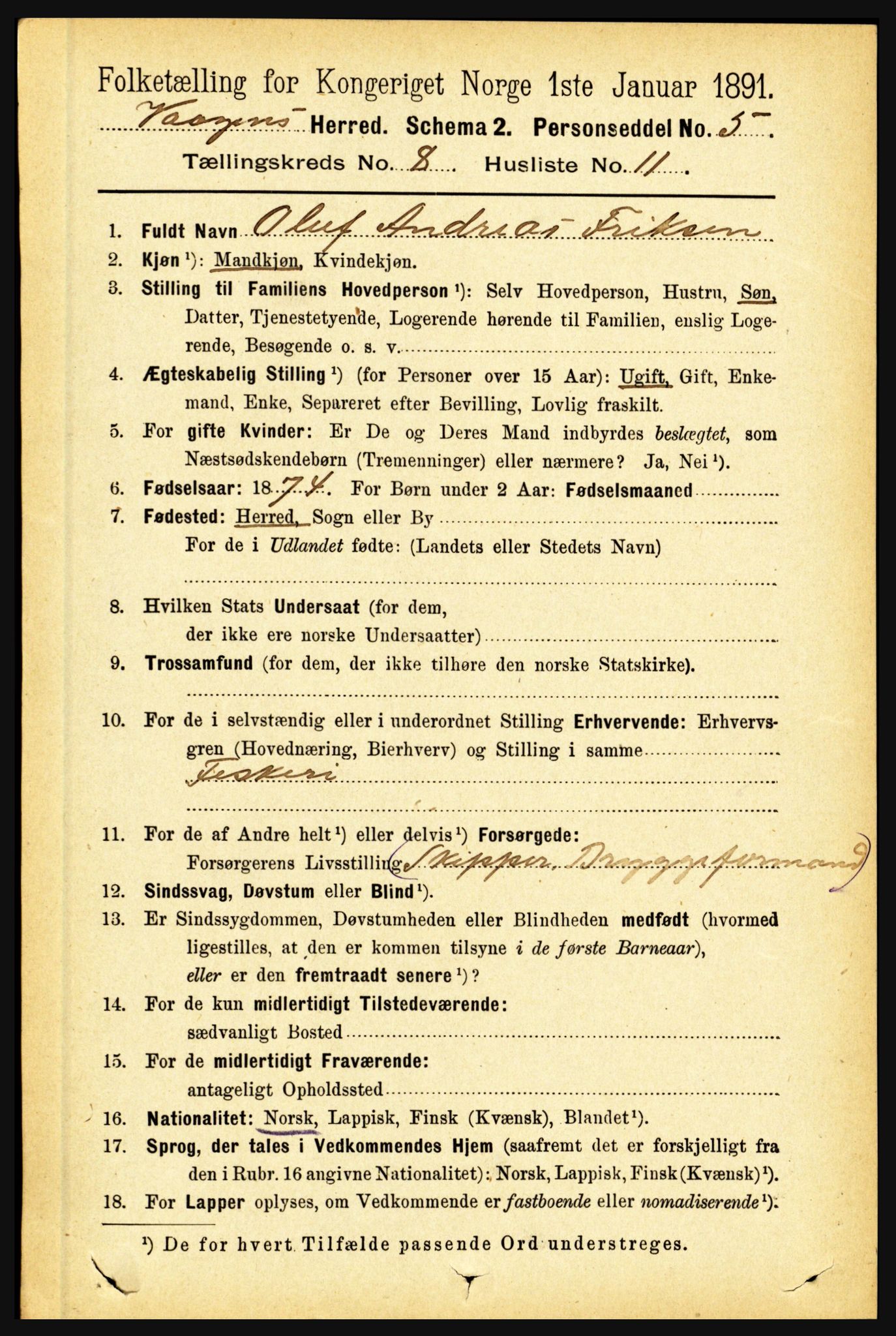 RA, 1891 census for 1865 Vågan, 1891, p. 2160