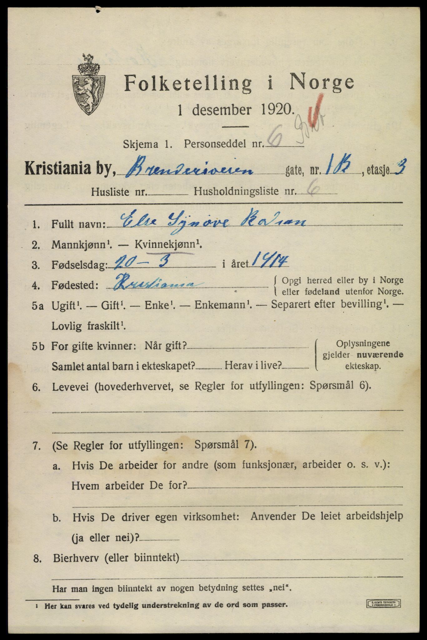 SAO, 1920 census for Kristiania, 1920, p. 175807
