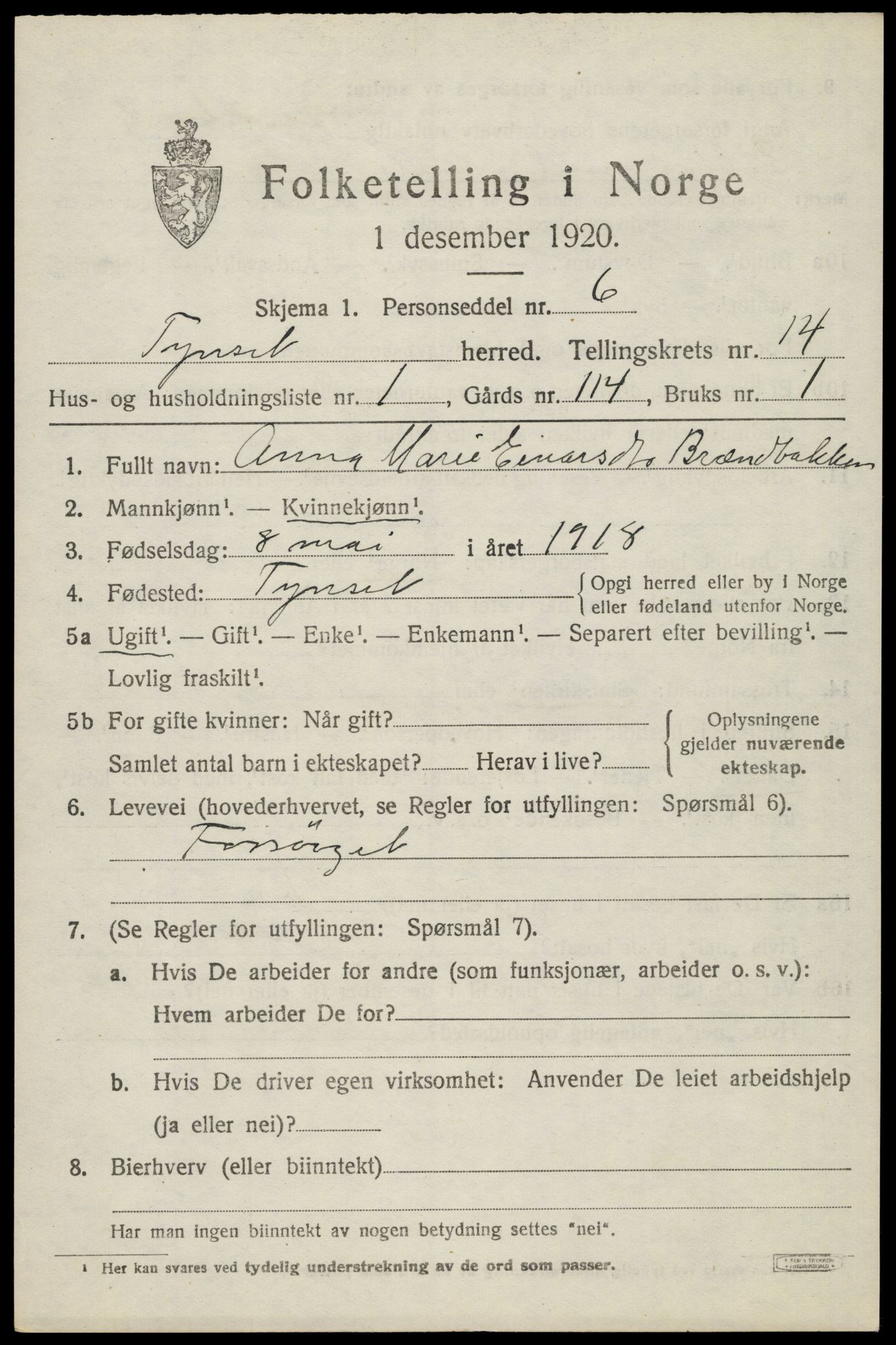 SAH, 1920 census for Tynset, 1920, p. 8938