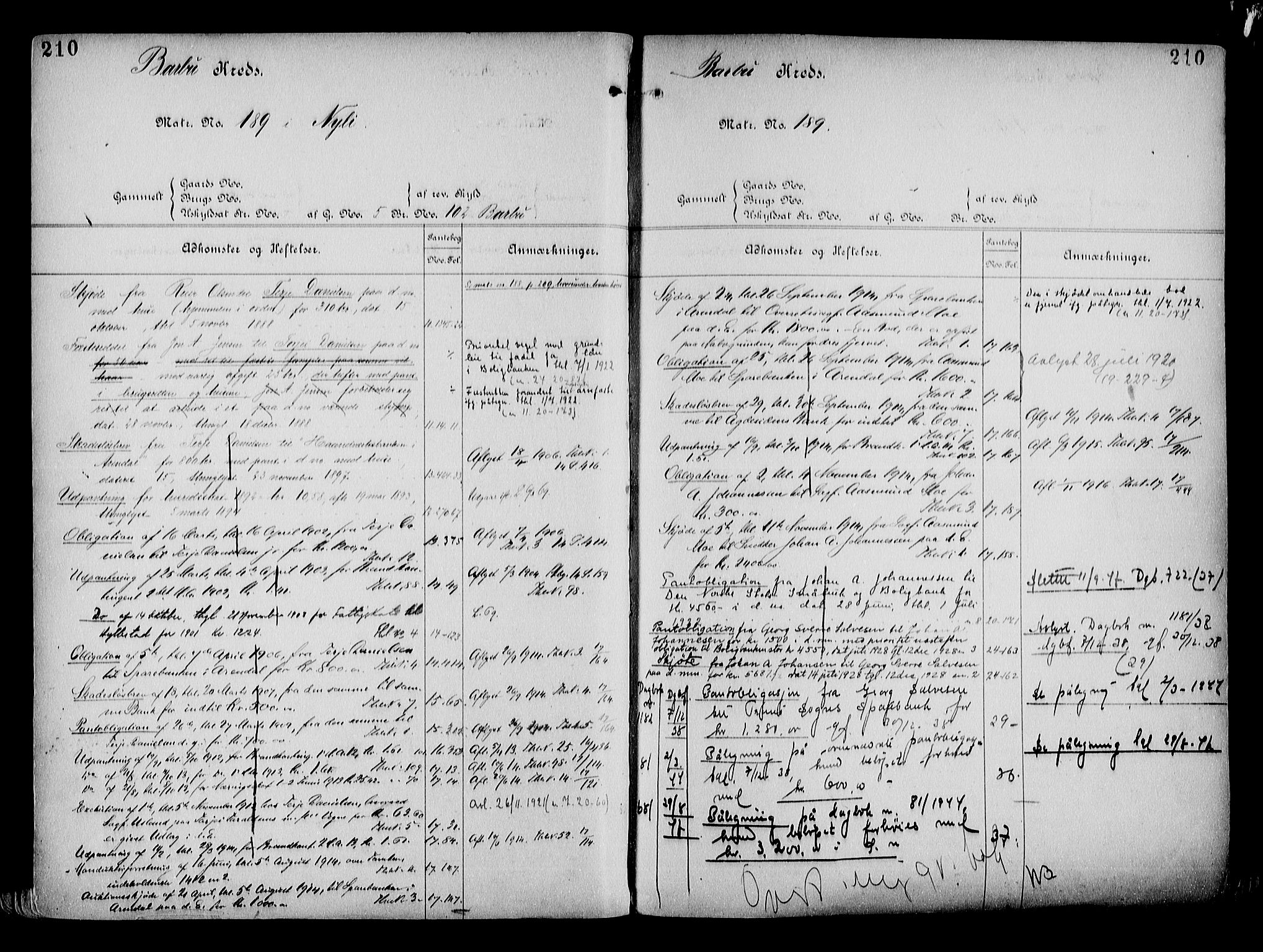 Arendal byfogd, AV/SAK-1222-0001/G/Ga/L0014: Mortgage register no. 12, 1865-1960, p. 210