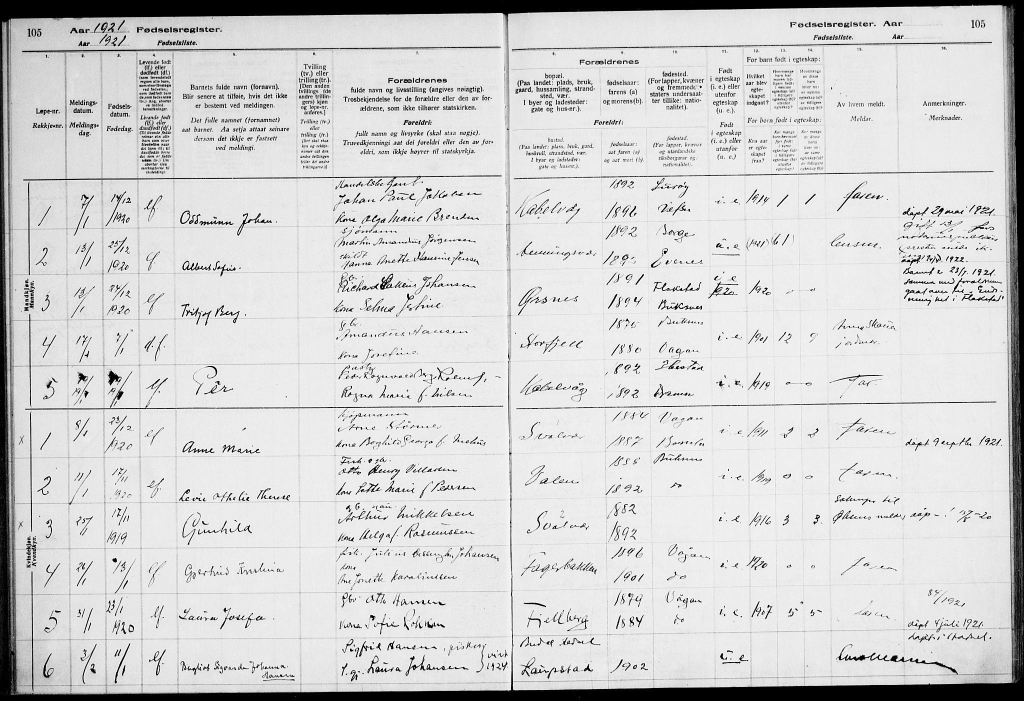 Ministerialprotokoller, klokkerbøker og fødselsregistre - Nordland, SAT/A-1459/874/L1089: Birth register no. 874.II.4.1, 1916-1926, p. 105