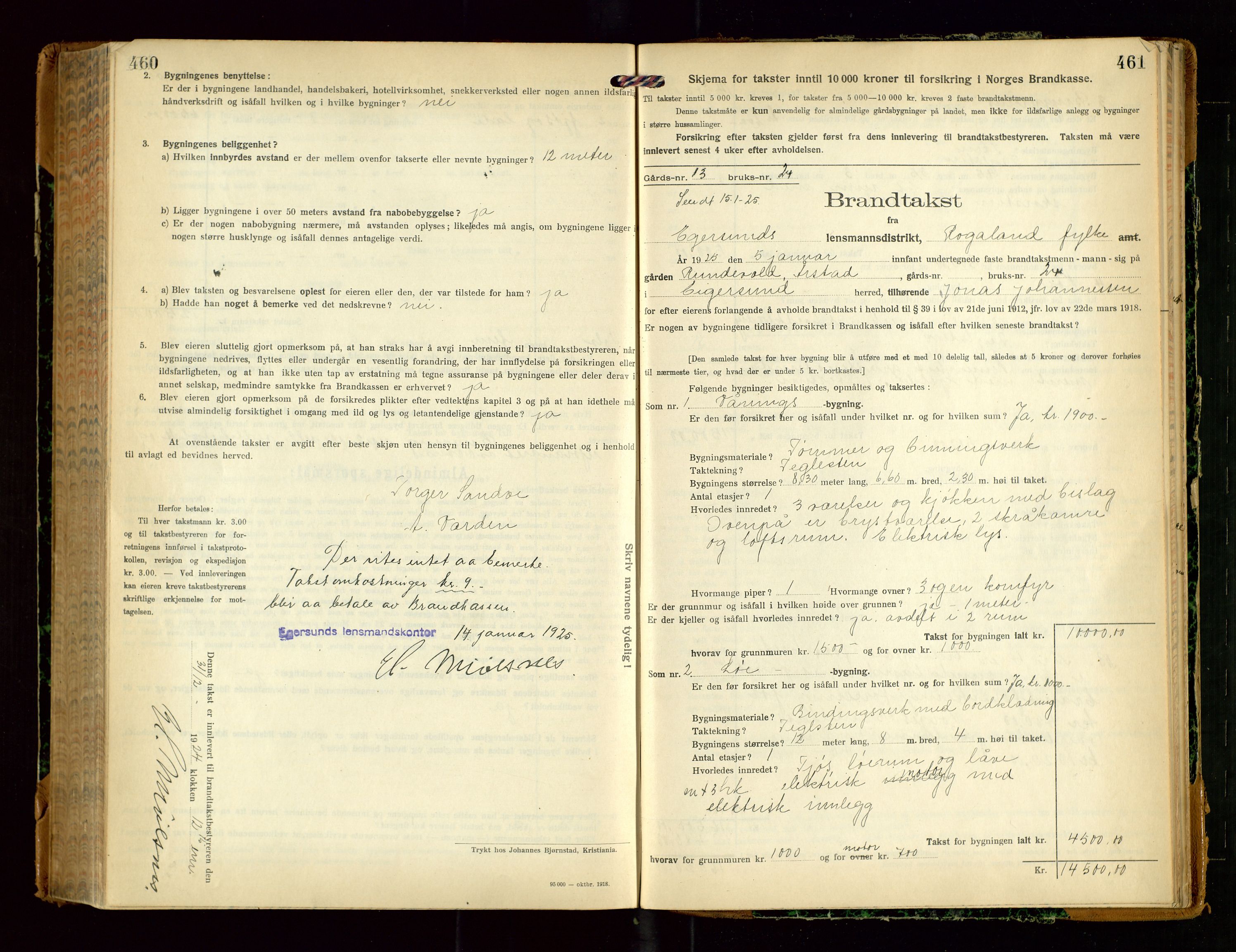 Eigersund lensmannskontor, SAST/A-100171/Gob/L0004: "Branntakstprotokoll", 1921-1925, p. 460-461