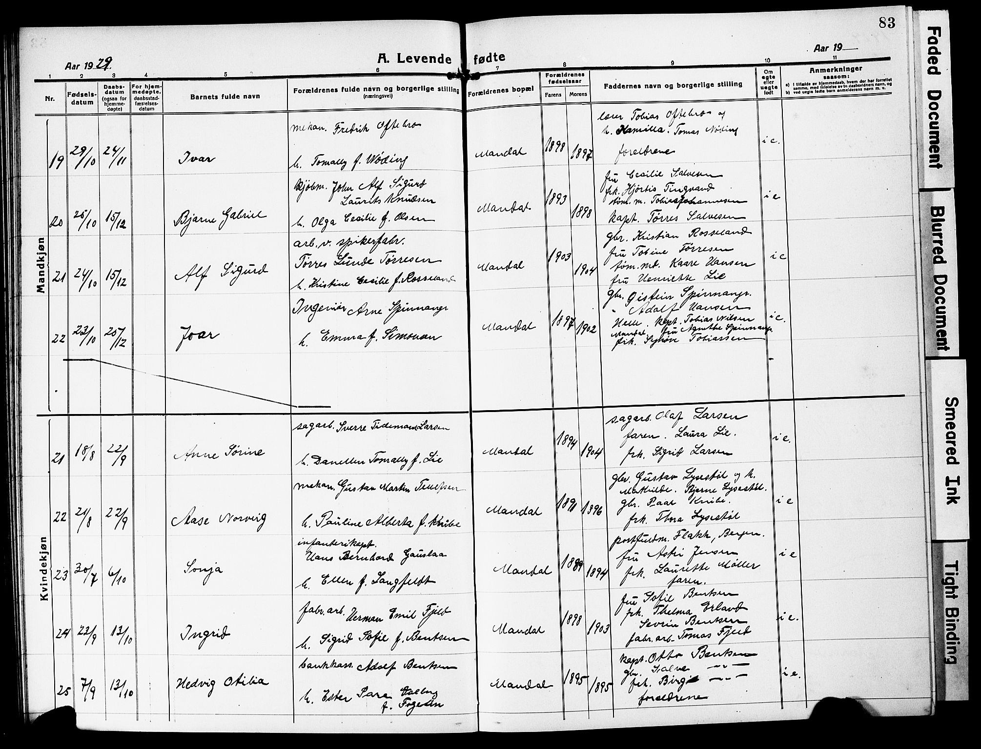Mandal sokneprestkontor, SAK/1111-0030/F/Fb/Fbc/L0001: Parish register (copy) no. B 1, 1918-1931, p. 83
