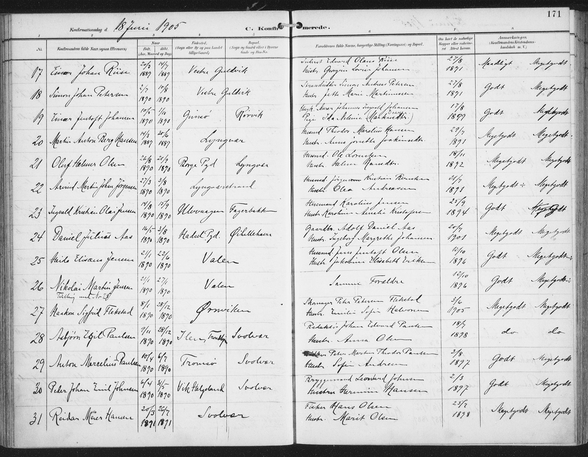 Ministerialprotokoller, klokkerbøker og fødselsregistre - Nordland, AV/SAT-A-1459/874/L1062: Parish register (official) no. 874A06, 1899-1907, p. 171