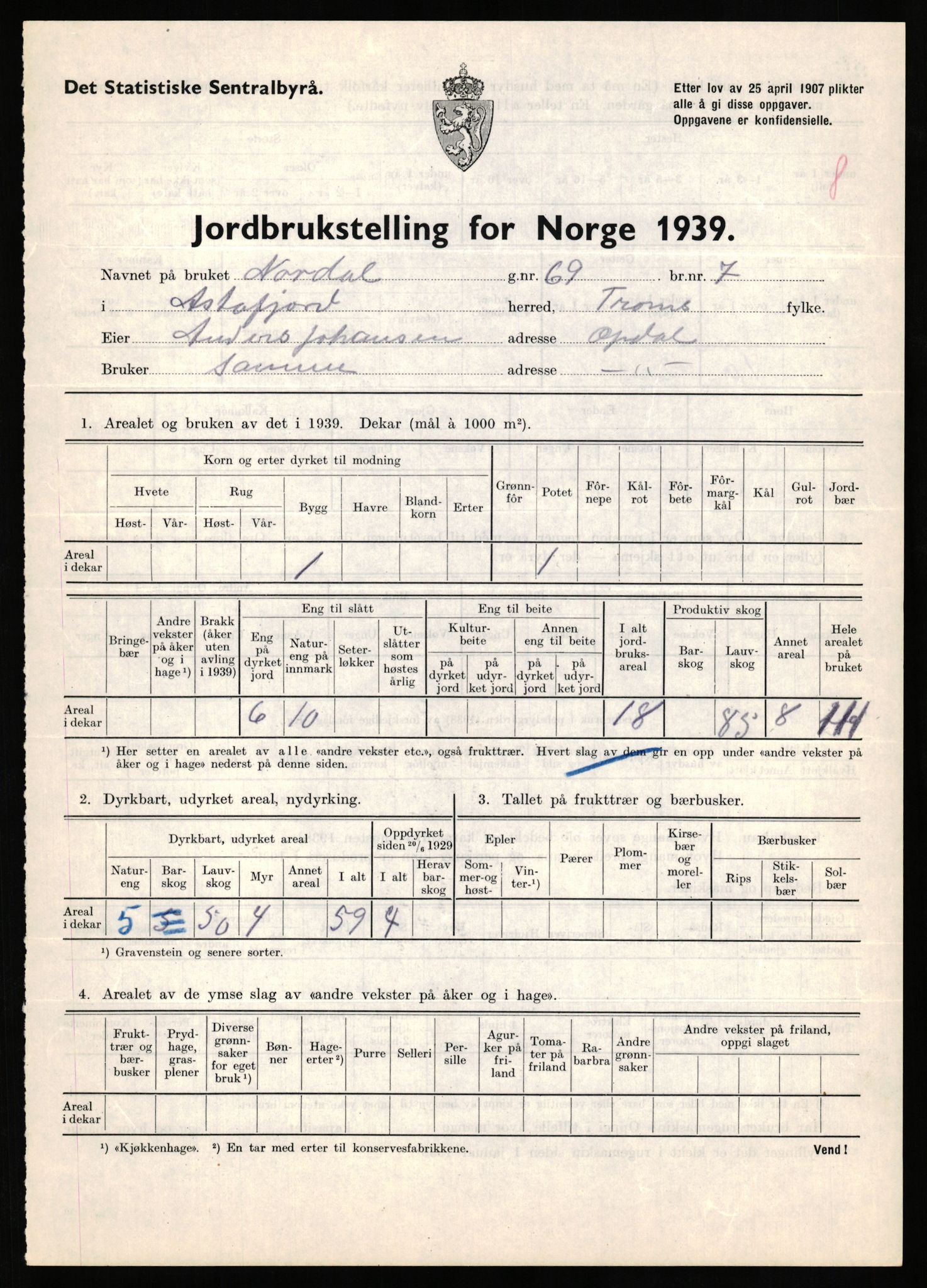 Statistisk sentralbyrå, Næringsøkonomiske emner, Jordbruk, skogbruk, jakt, fiske og fangst, AV/RA-S-2234/G/Gb/L0339: Troms: Andørja, Astafjord og Lavangen, 1939, p. 78