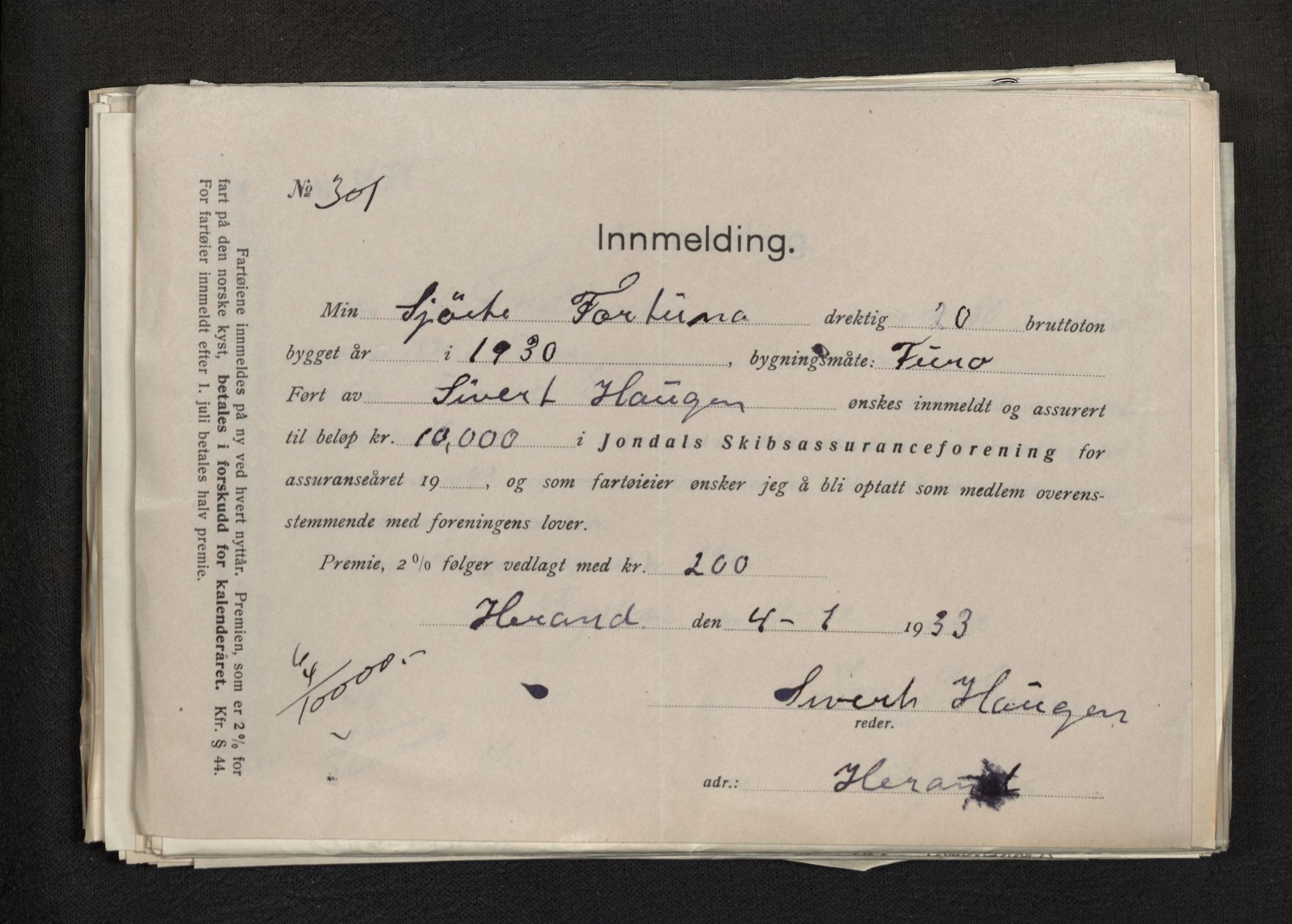 Jondal Skipsassuranseforening, AV/SAB-SAB/PA-0276/E/L0113: Korrespondanse , 1943