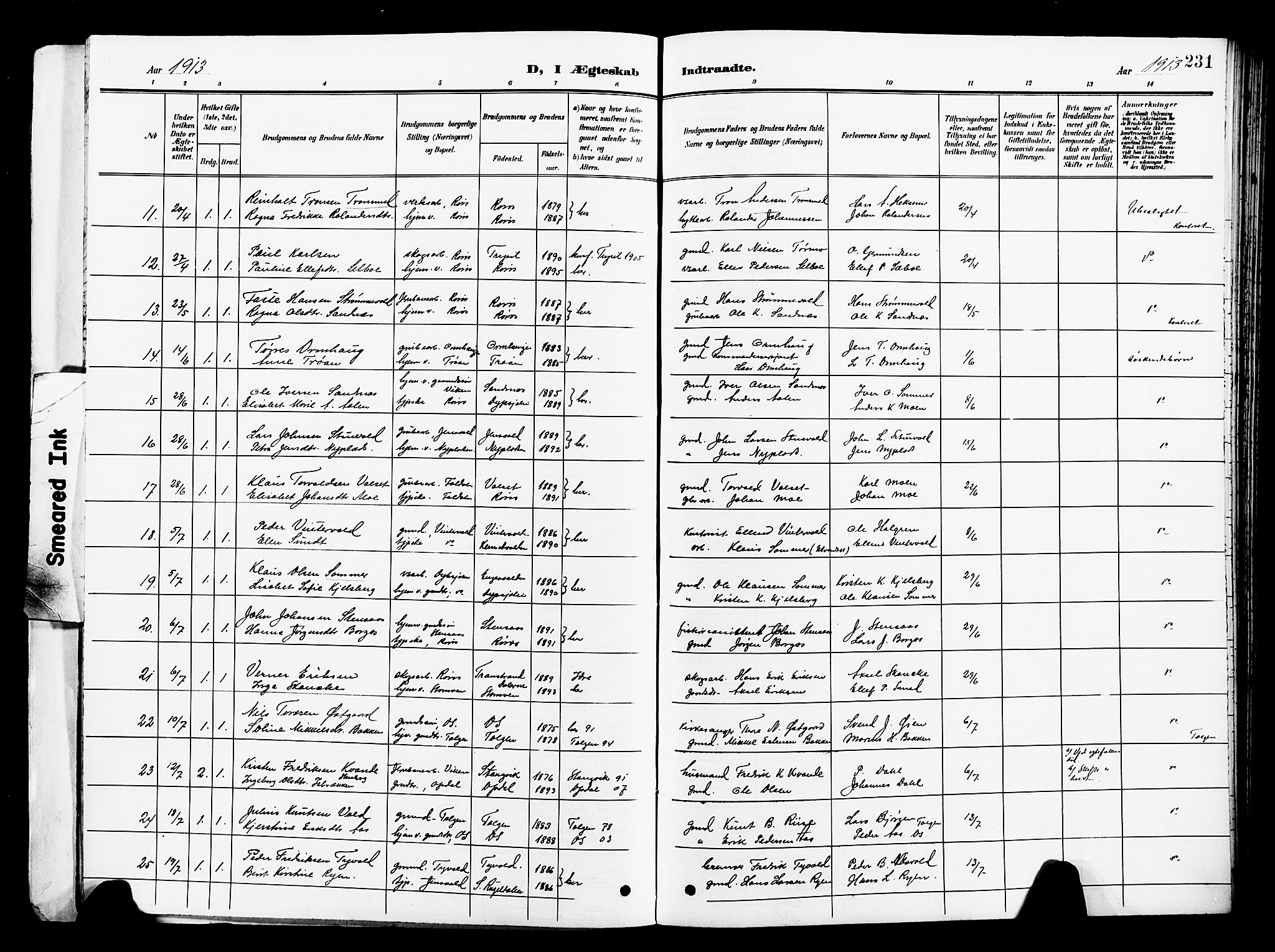 Ministerialprotokoller, klokkerbøker og fødselsregistre - Sør-Trøndelag, AV/SAT-A-1456/681/L0942: Parish register (copy) no. 681C06, 1906-1925, p. 231