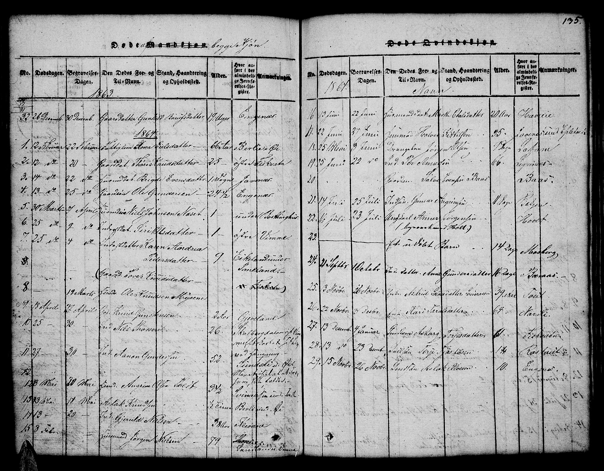 Åmli sokneprestkontor, AV/SAK-1111-0050/F/Fb/Fbc/L0001: Parish register (copy) no. B 1, 1816-1867, p. 135