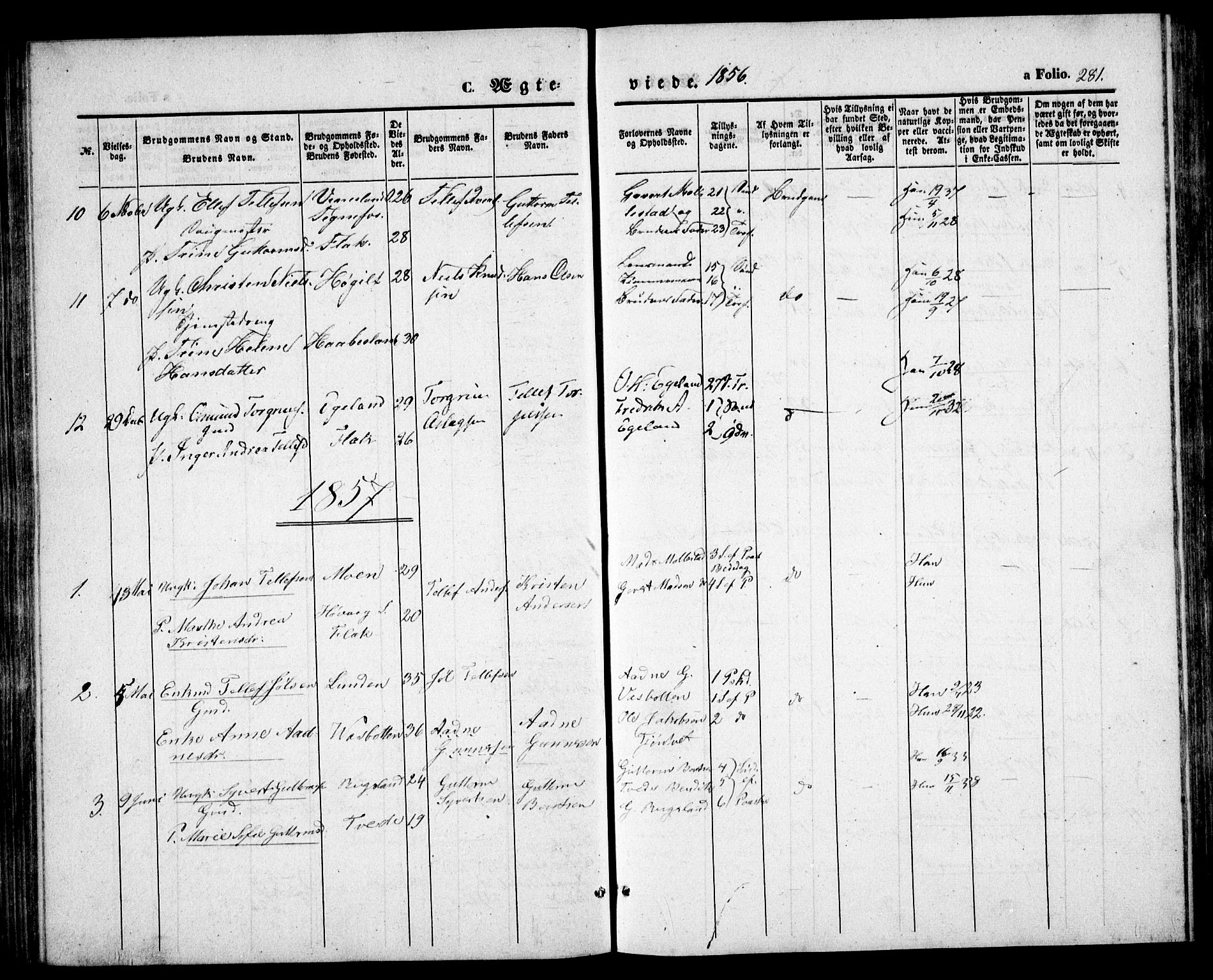 Birkenes sokneprestkontor, SAK/1111-0004/F/Fb/L0002: Parish register (copy) no. B 2, 1849-1876, p. 281