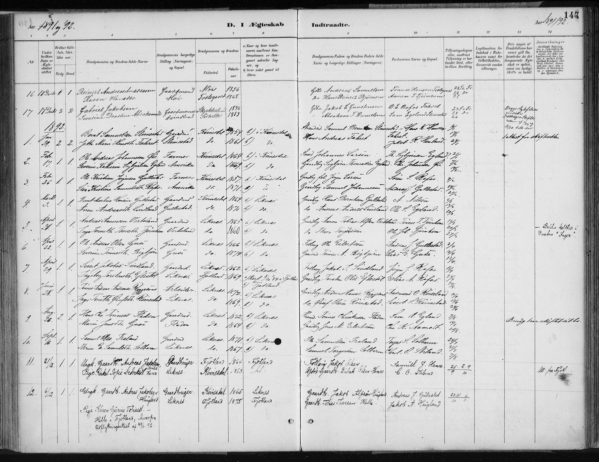 Kvinesdal sokneprestkontor, SAK/1111-0026/F/Fa/Fab/L0008: Parish register (official) no. A 8, 1886-1897, p. 147