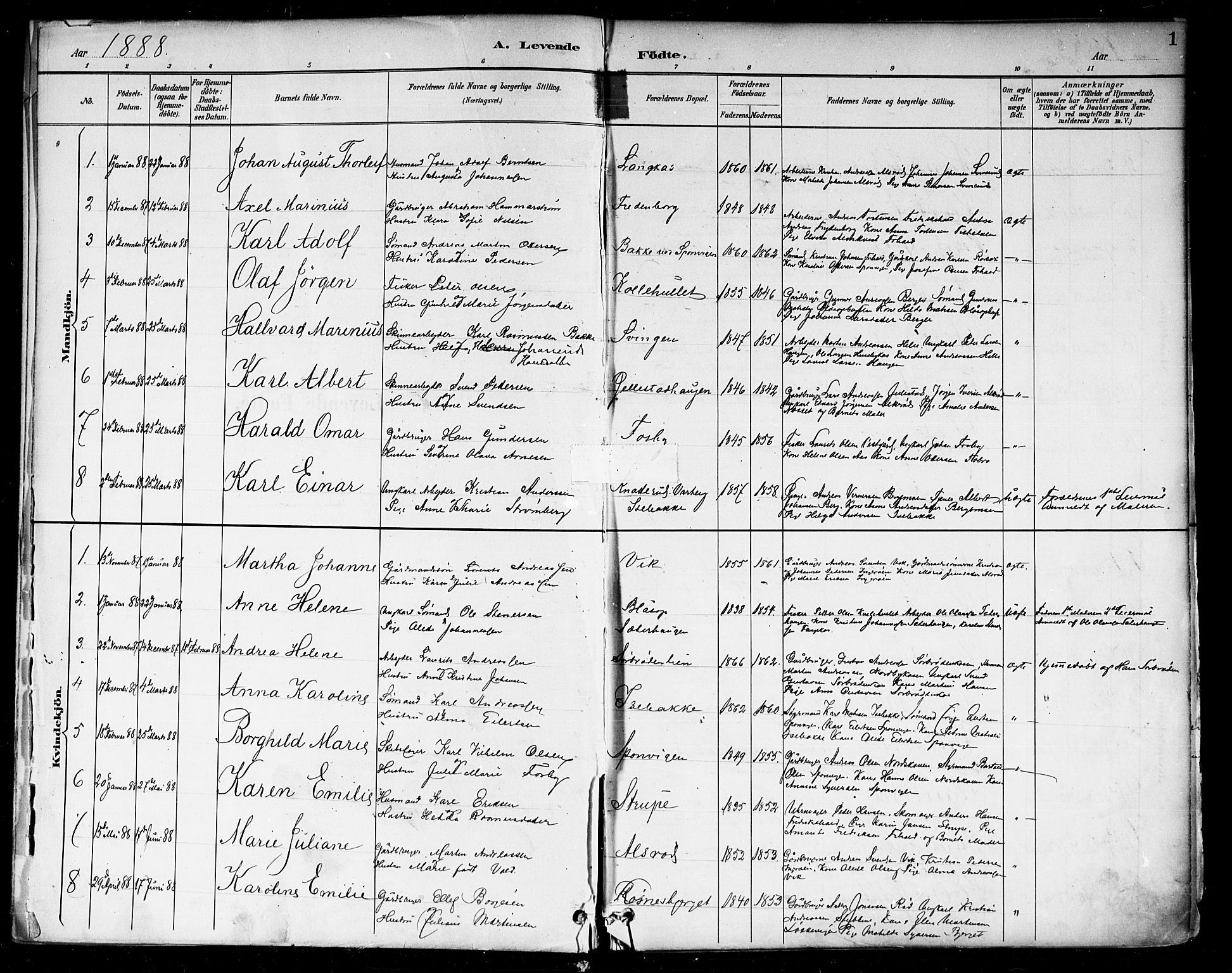 Berg prestekontor Kirkebøker, AV/SAO-A-10902/F/Fa/L0007: Parish register (official) no. I 7, 1888-1902, p. 1