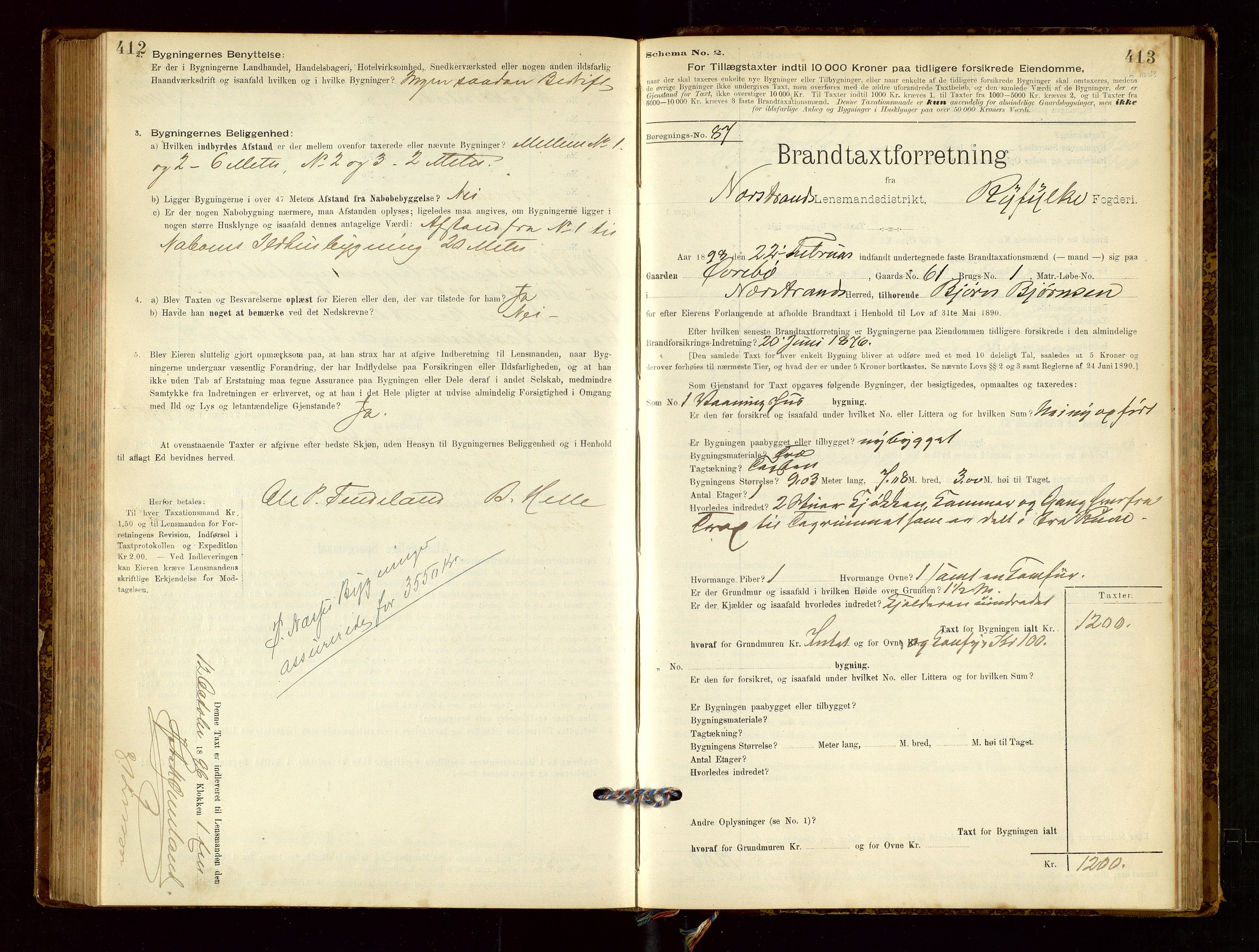 Nedstrand lensmannskontor, SAST/A-100236/Gob/L0001: "Brandtaxationsprotokol for Nerstrand Lensmandsdistrikt Ryfylke fogderi", 1895-1915, p. 412-413