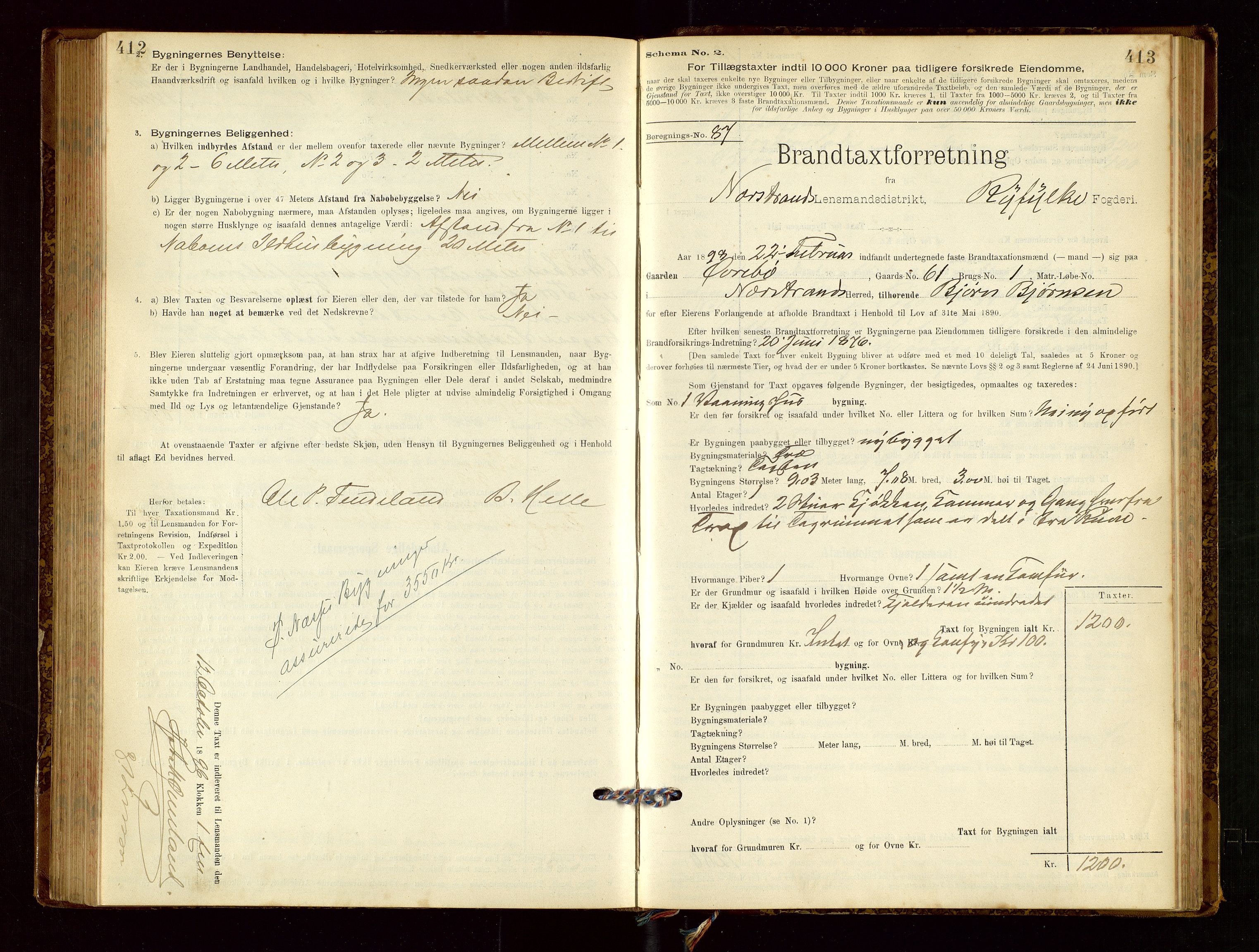 Nedstrand lensmannskontor, AV/SAST-A-100236/Gob/L0001: "Brandtaxationsprotokol for Nerstrand Lensmandsdistrikt Ryfylke fogderi", 1895-1915, p. 412-413