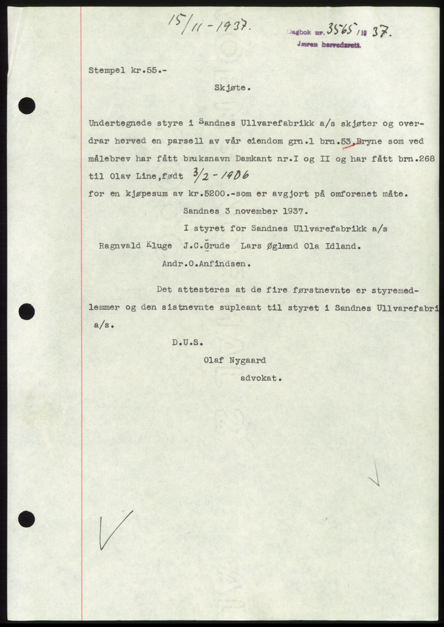 Jæren sorenskriveri, SAST/A-100310/03/G/Gba/L0069: Mortgage book, 1937-1937, Diary no: : 3565/1937