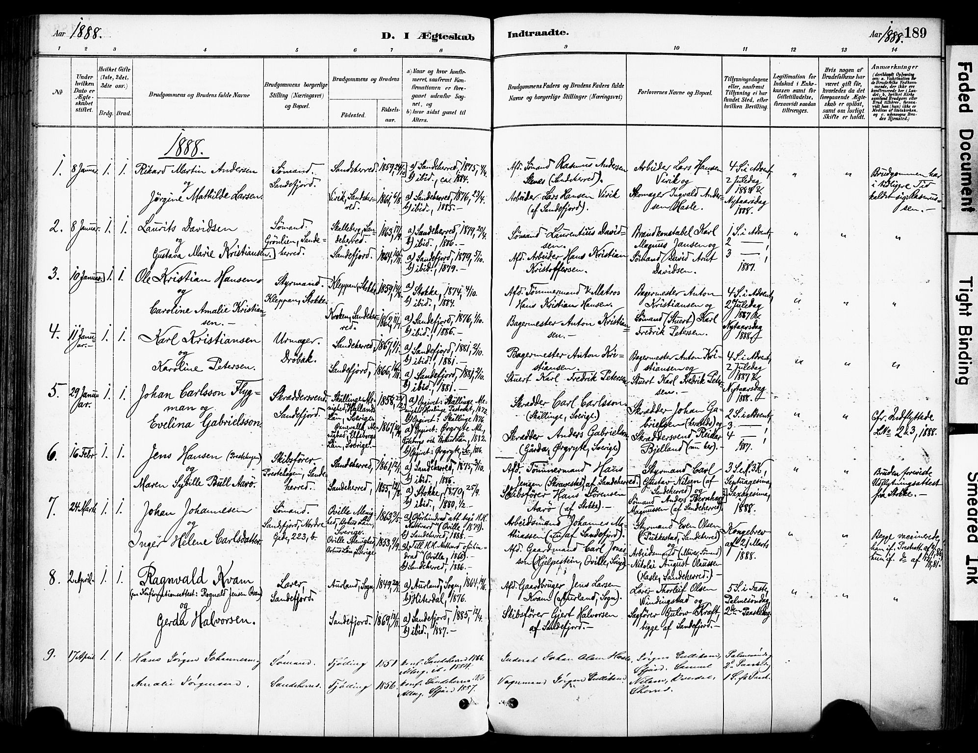 Sandefjord kirkebøker, AV/SAKO-A-315/F/Fa/L0002: Parish register (official) no. 2, 1880-1894, p. 189