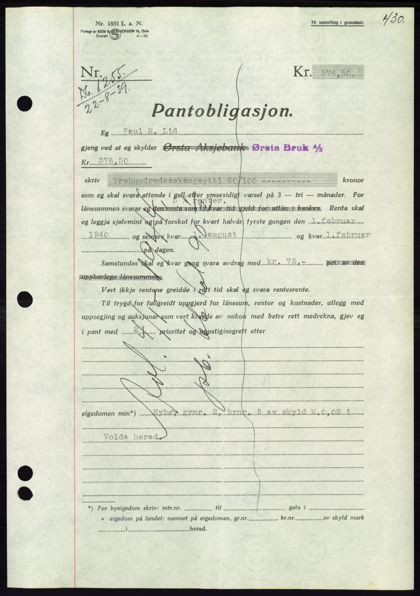 Søre Sunnmøre sorenskriveri, AV/SAT-A-4122/1/2/2C/L0068: Mortgage book no. 62, 1939-1939, Diary no: : 1255/1939