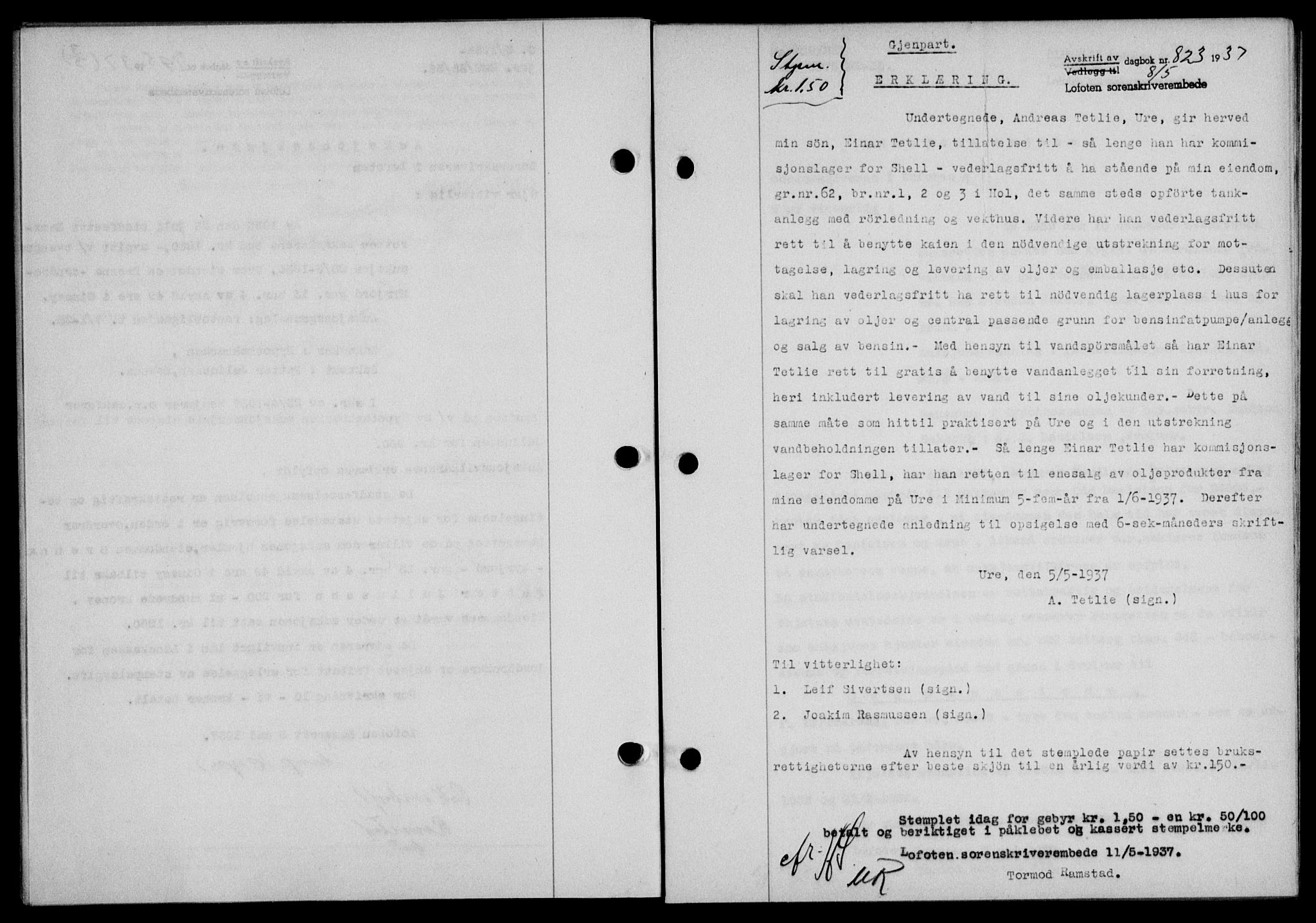 Lofoten sorenskriveri, SAT/A-0017/1/2/2C/L0002a: Mortgage book no. 2a, 1937-1937, Diary no: : 823/1937
