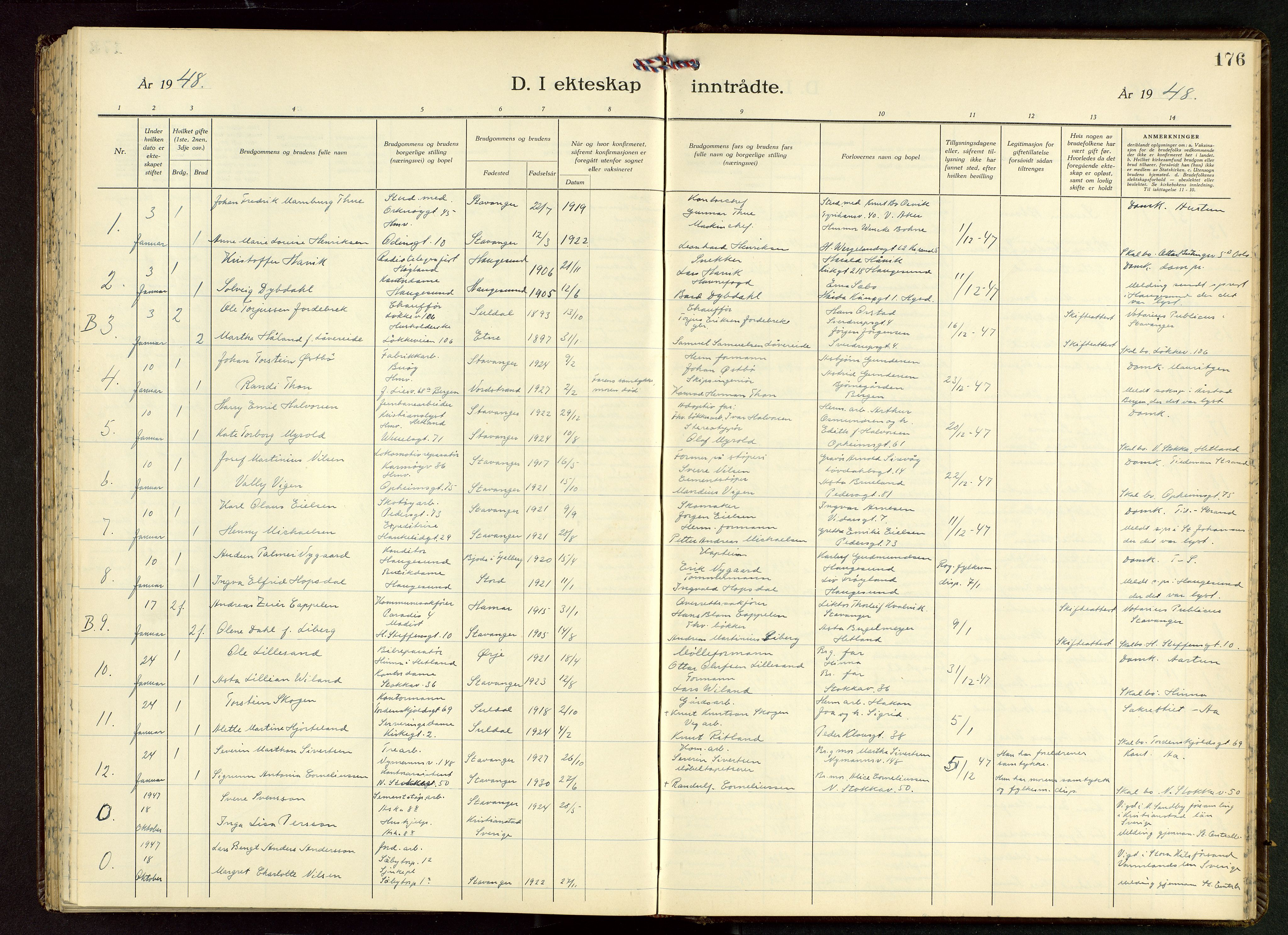 Domkirken sokneprestkontor, AV/SAST-A-101812/001/30/30BB/L0022: Parish register (copy) no. B 22, 1937-1949, p. 176