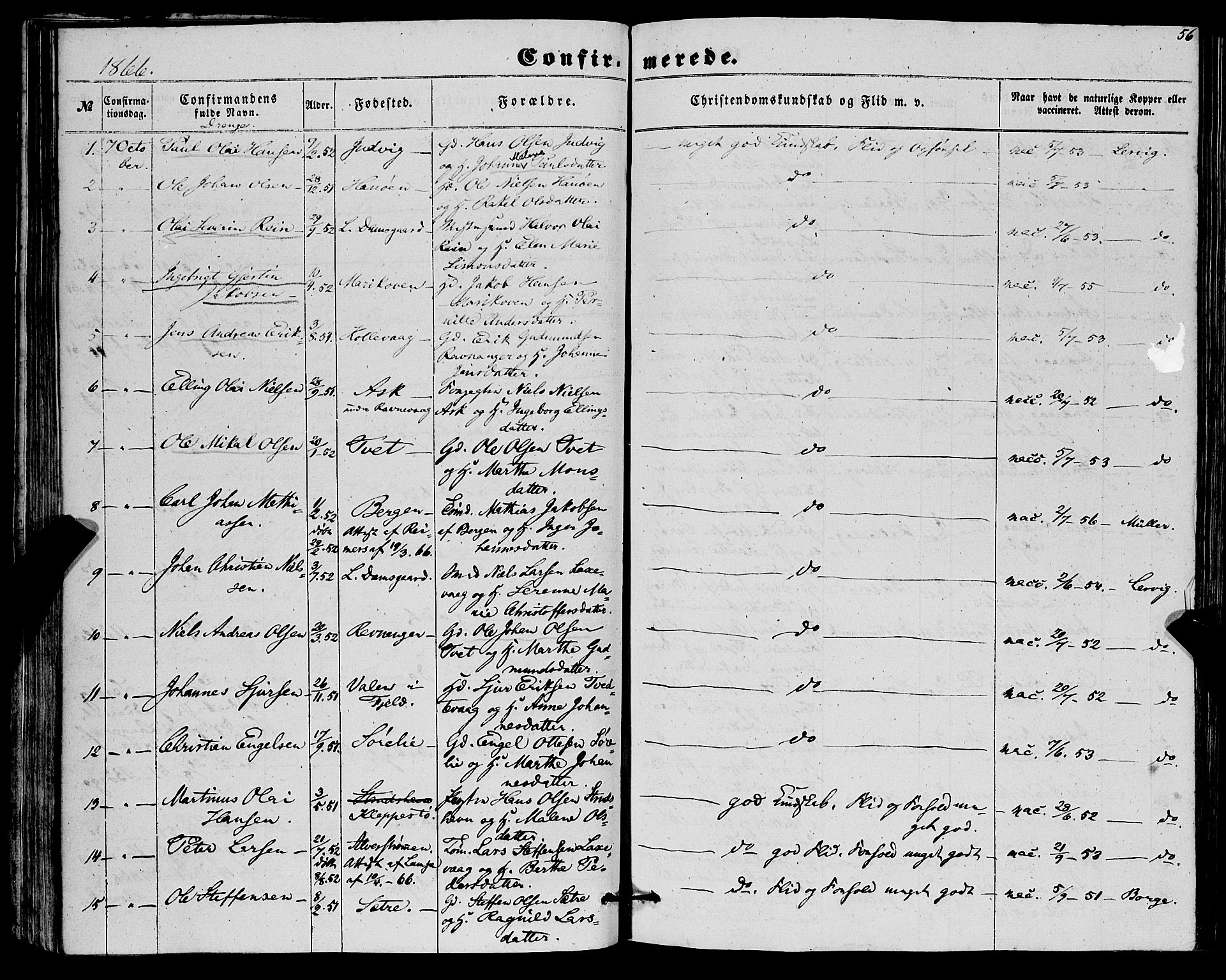 Askøy Sokneprestembete, SAB/A-74101/H/Ha/Haa/Haaa/L0012: Parish register (official) no. A 12, 1855-1877, p. 56
