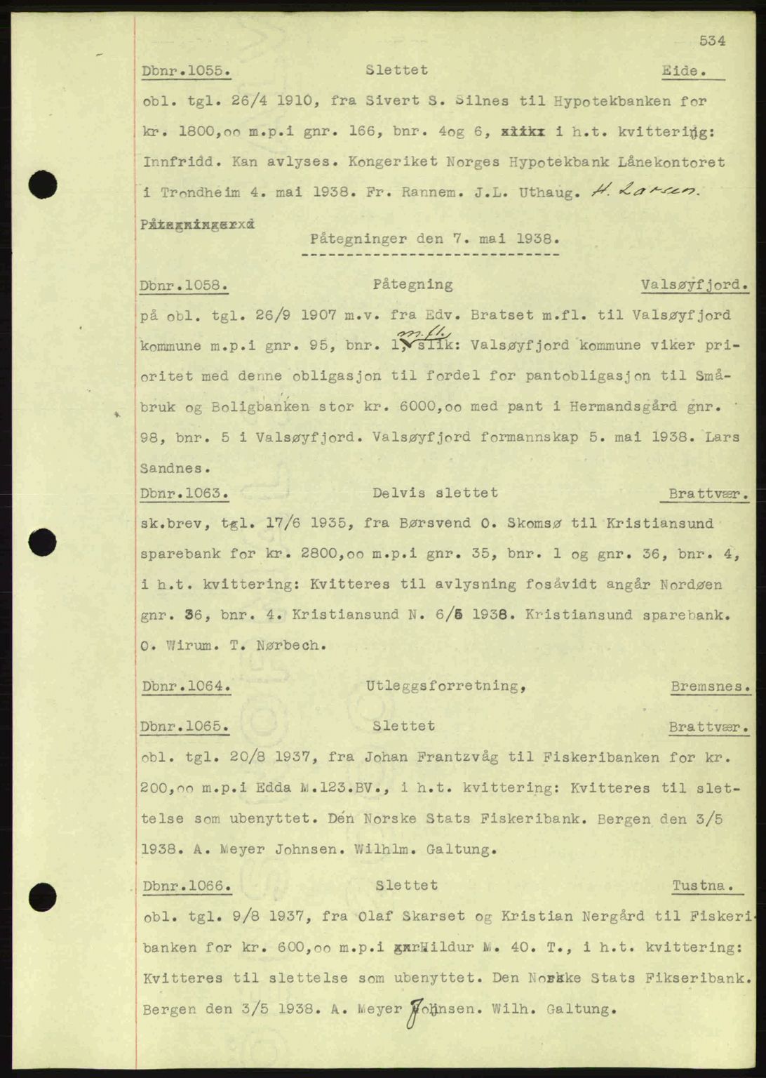 Nordmøre sorenskriveri, AV/SAT-A-4132/1/2/2Ca: Mortgage book no. C80, 1936-1939, Diary no: : 1055/1938