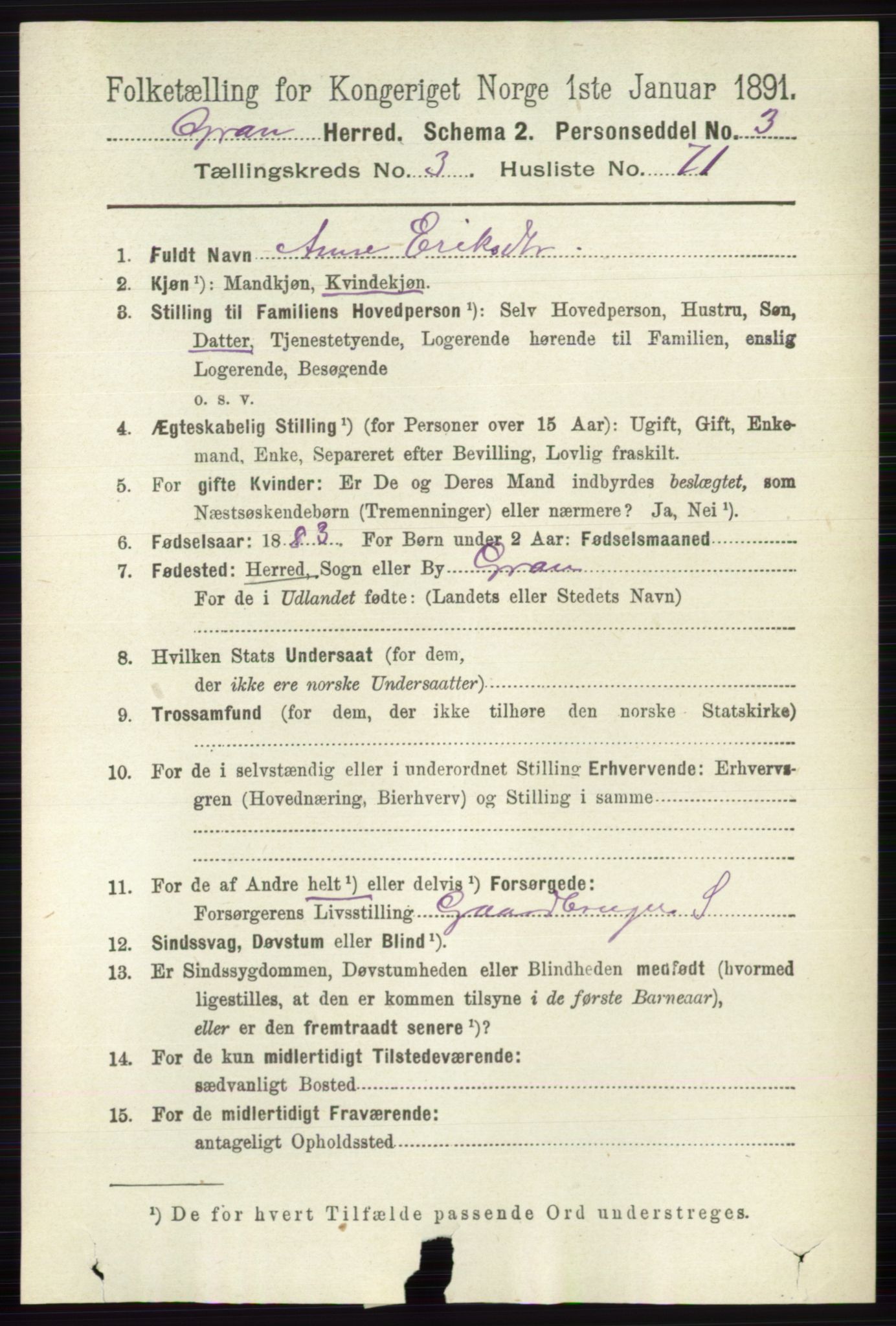 RA, 1891 census for 0534 Gran, 1891, p. 1086