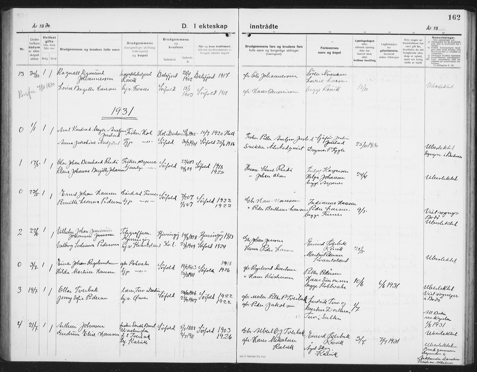 Ministerialprotokoller, klokkerbøker og fødselsregistre - Nordland, AV/SAT-A-1459/854/L0788: Parish register (copy) no. 854C04, 1926-1940, p. 162