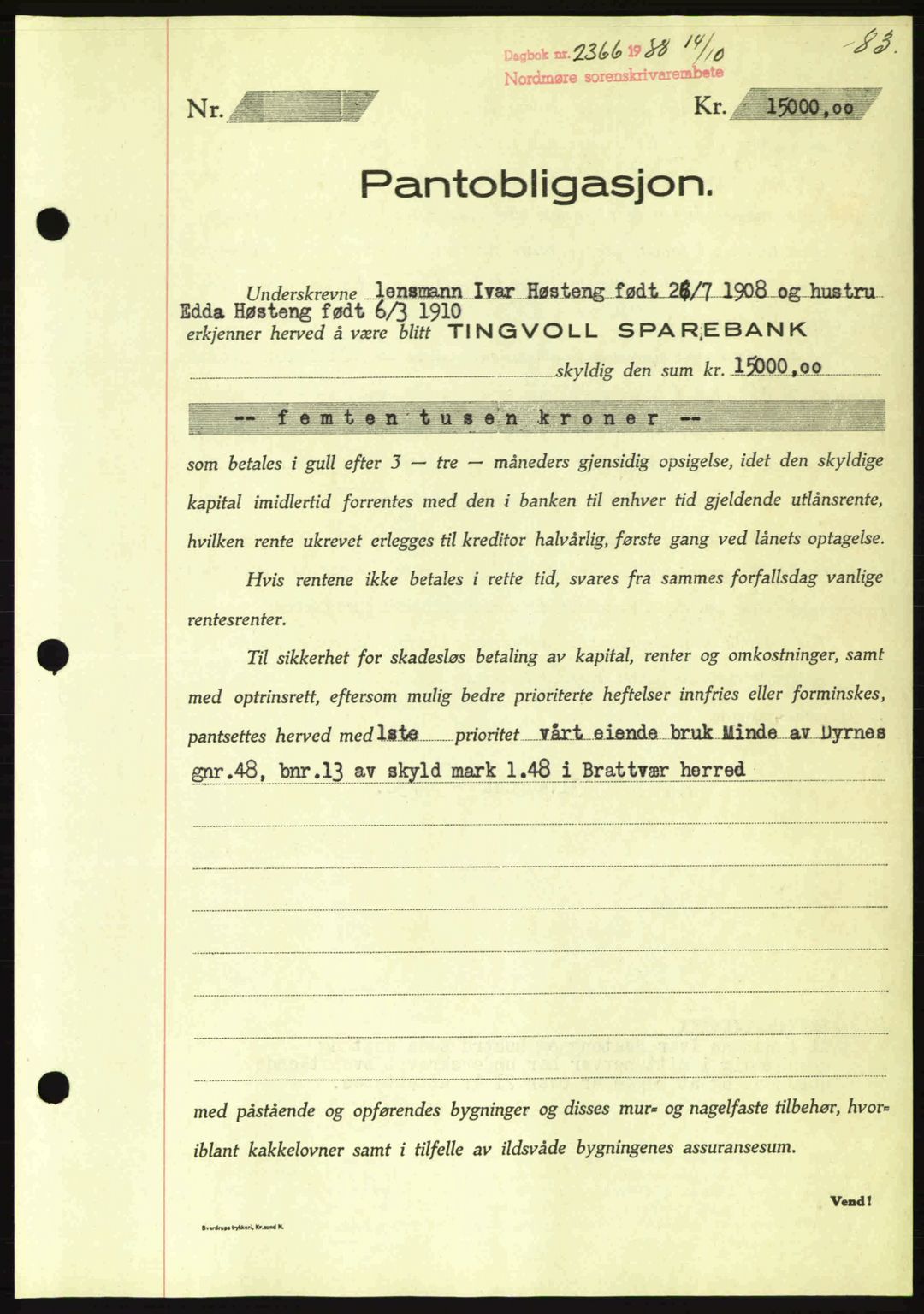 Nordmøre sorenskriveri, SAT/A-4132/1/2/2Ca: Mortgage book no. B84, 1938-1939, Diary no: : 2366/1938