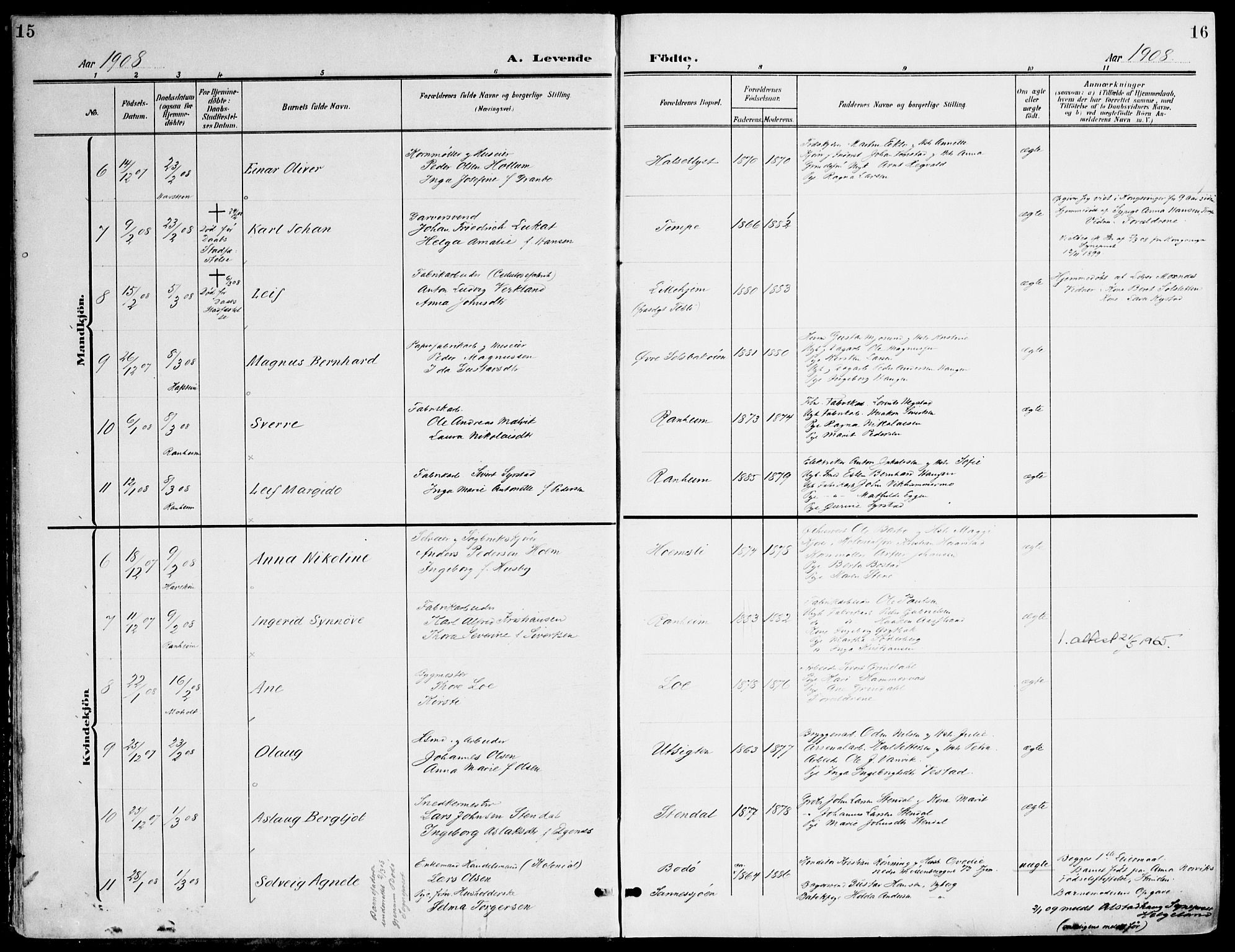 Ministerialprotokoller, klokkerbøker og fødselsregistre - Sør-Trøndelag, AV/SAT-A-1456/607/L0320: Parish register (official) no. 607A04, 1907-1915, p. 15-16