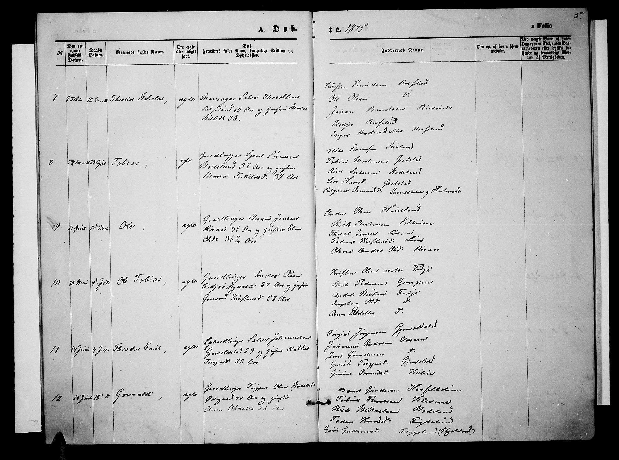 Søgne sokneprestkontor, AV/SAK-1111-0037/F/Fb/Fba/L0003: Parish register (copy) no. B 3, 1874-1887, p. 5