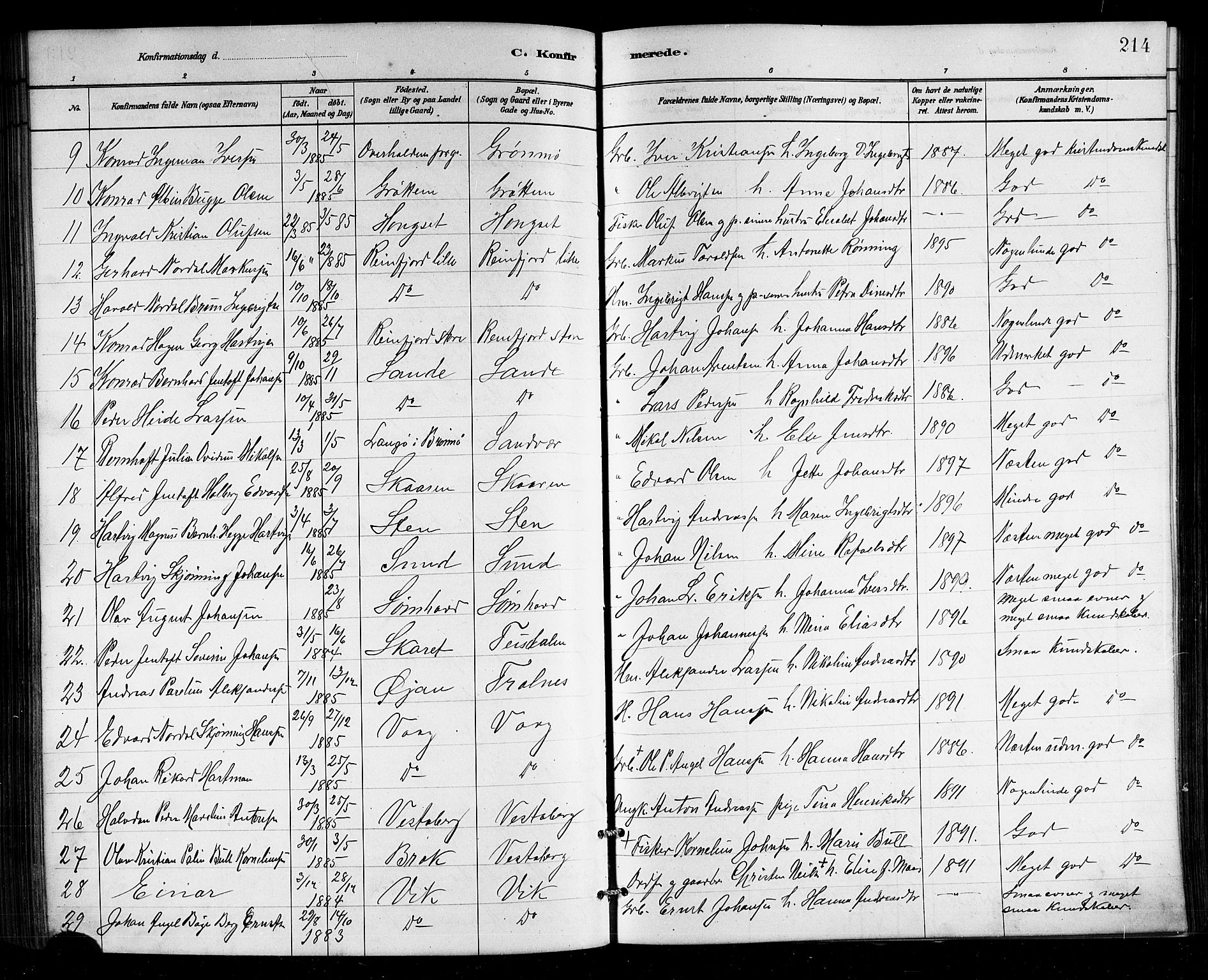 Ministerialprotokoller, klokkerbøker og fødselsregistre - Nordland, SAT/A-1459/812/L0188: Parish register (copy) no. 812C06, 1884-1912, p. 214