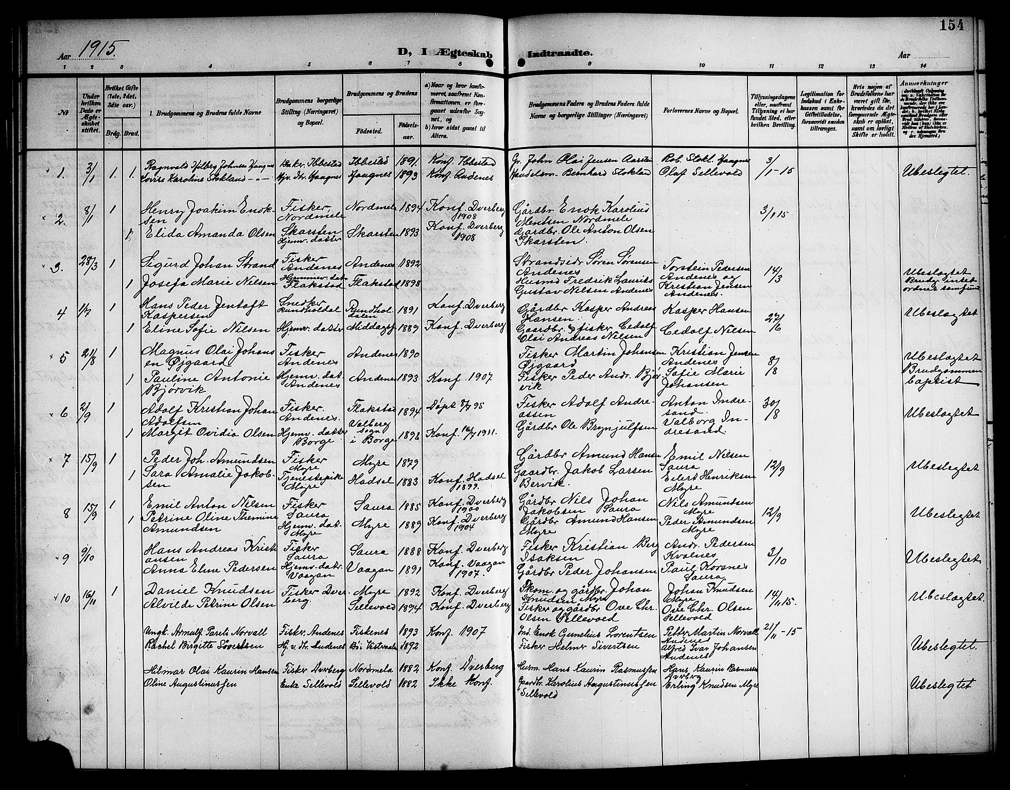 Ministerialprotokoller, klokkerbøker og fødselsregistre - Nordland, AV/SAT-A-1459/897/L1414: Parish register (copy) no. 897C04, 1904-1915, p. 154