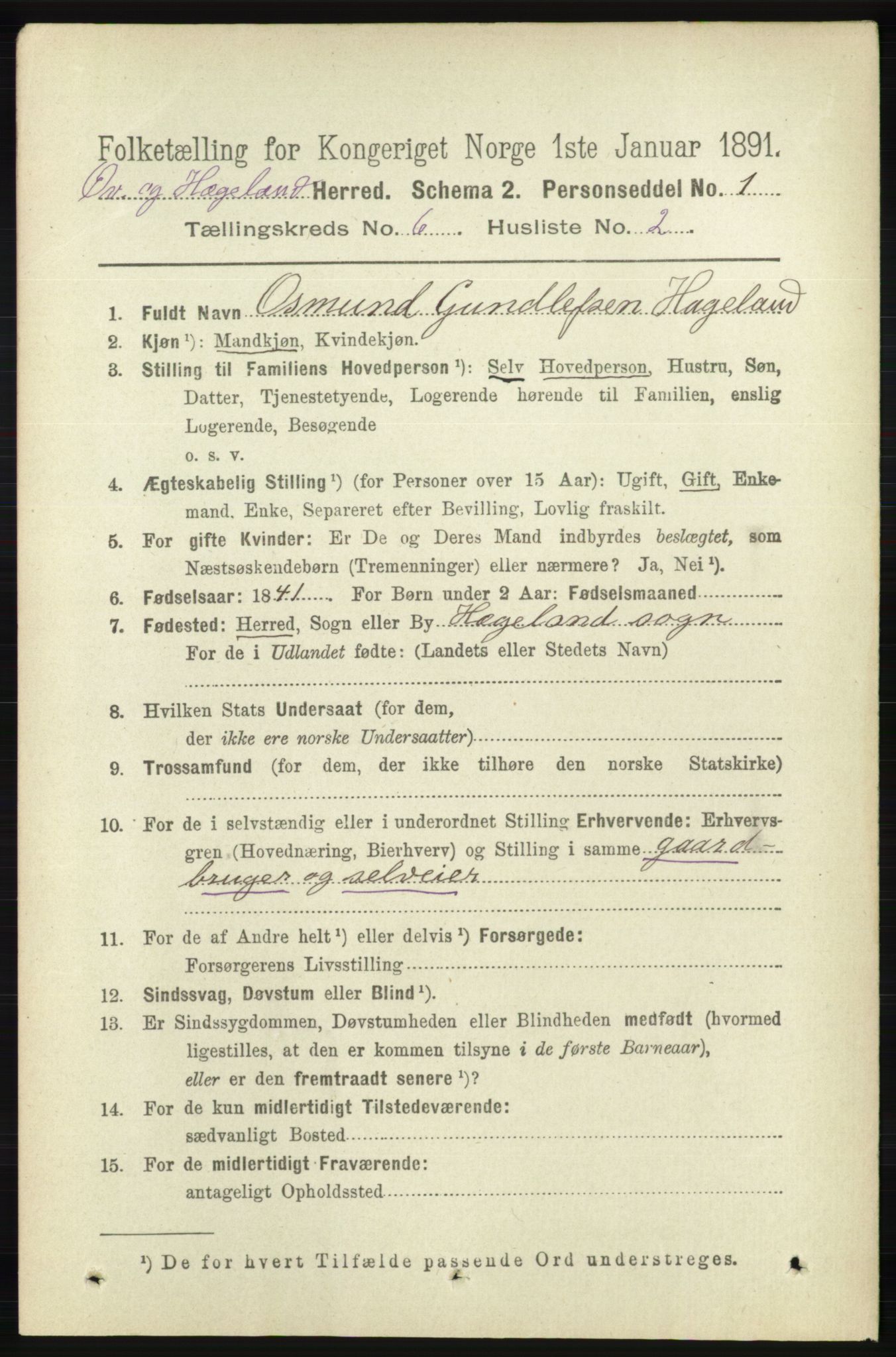 RA, 1891 census for 1016 Øvrebø og Hægeland, 1891, p. 1172