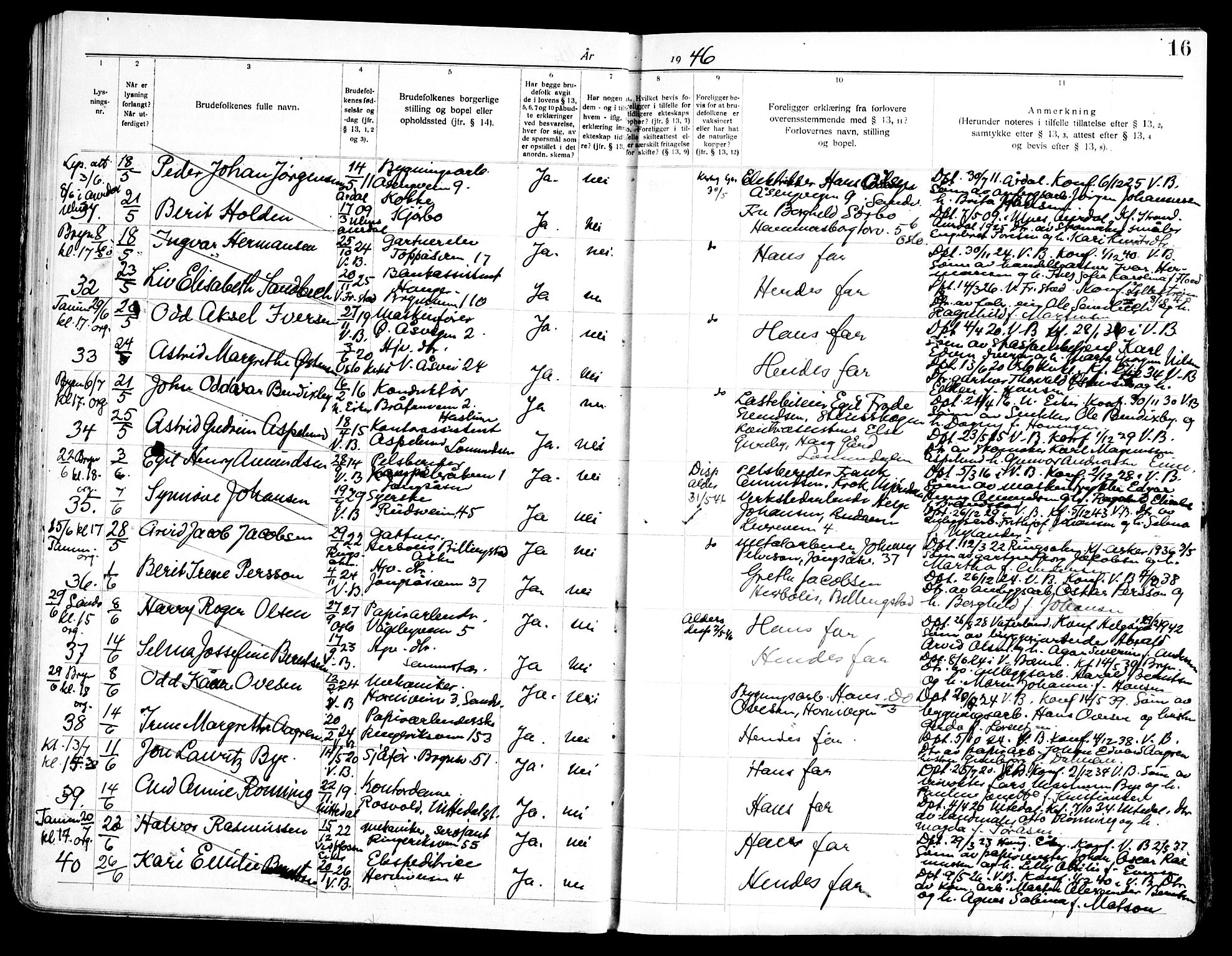 Vestre Bærum prestekontor Kirkebøker, AV/SAO-A-10209a/H/L0002: Banns register no. 2, 1941-1956, p. 16