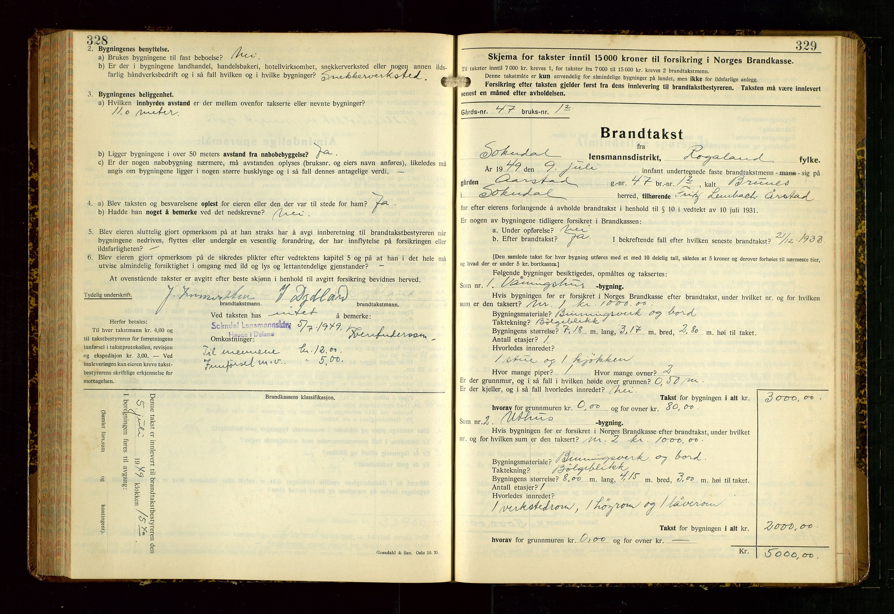 Sokndal lensmannskontor, AV/SAST-A-100417/Gob/L0008: "Brandtakst-Protokoll", 1937-1955, p. 328-329