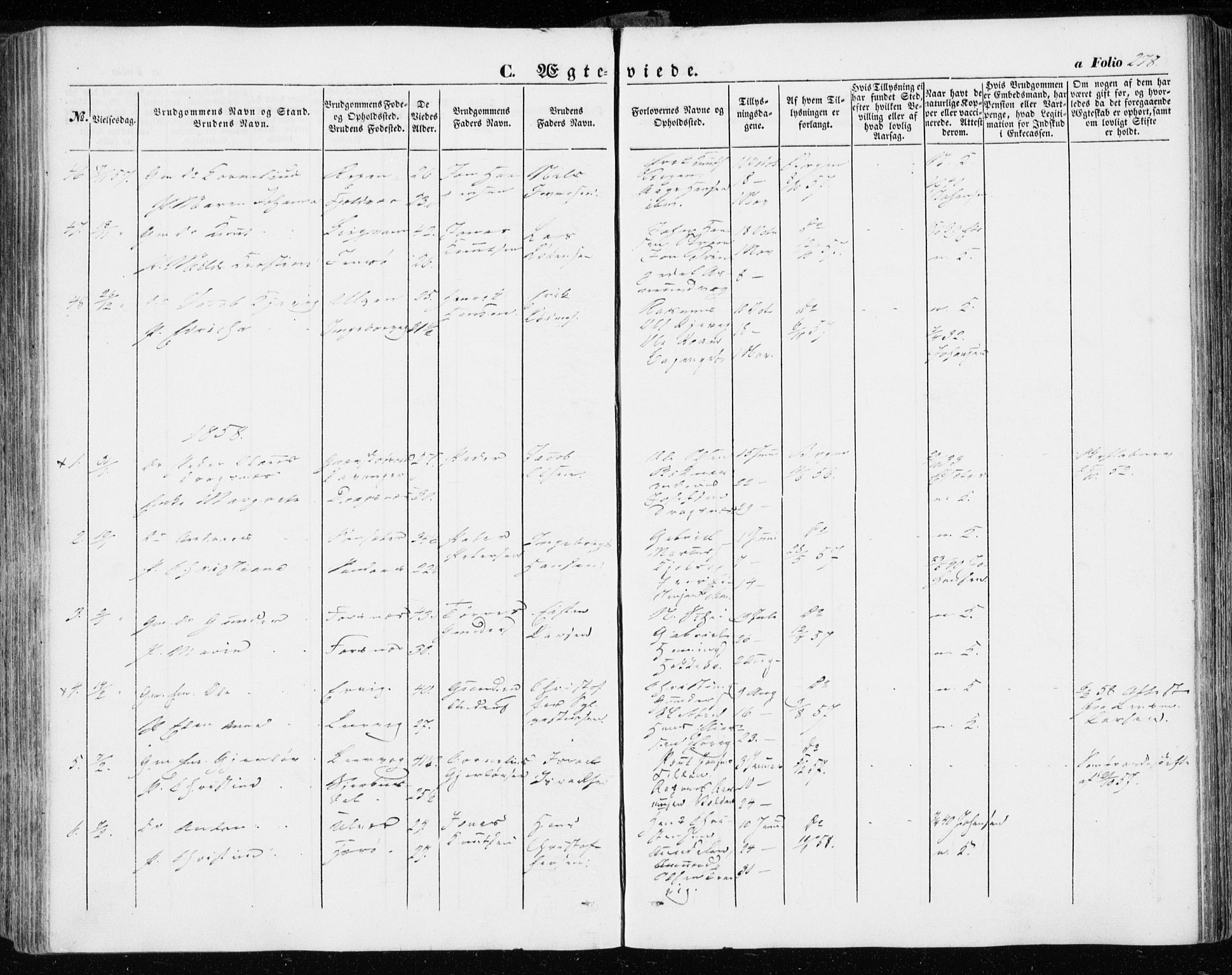 Ministerialprotokoller, klokkerbøker og fødselsregistre - Sør-Trøndelag, AV/SAT-A-1456/634/L0530: Parish register (official) no. 634A06, 1852-1860, p. 278