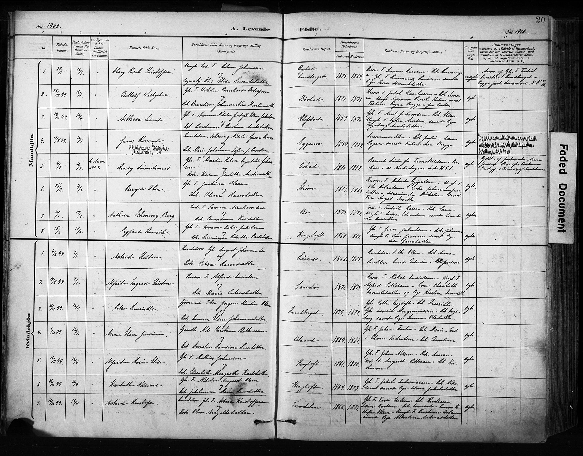 Ministerialprotokoller, klokkerbøker og fødselsregistre - Nordland, AV/SAT-A-1459/880/L1134: Parish register (official) no. 880A08, 1899-1908, p. 20