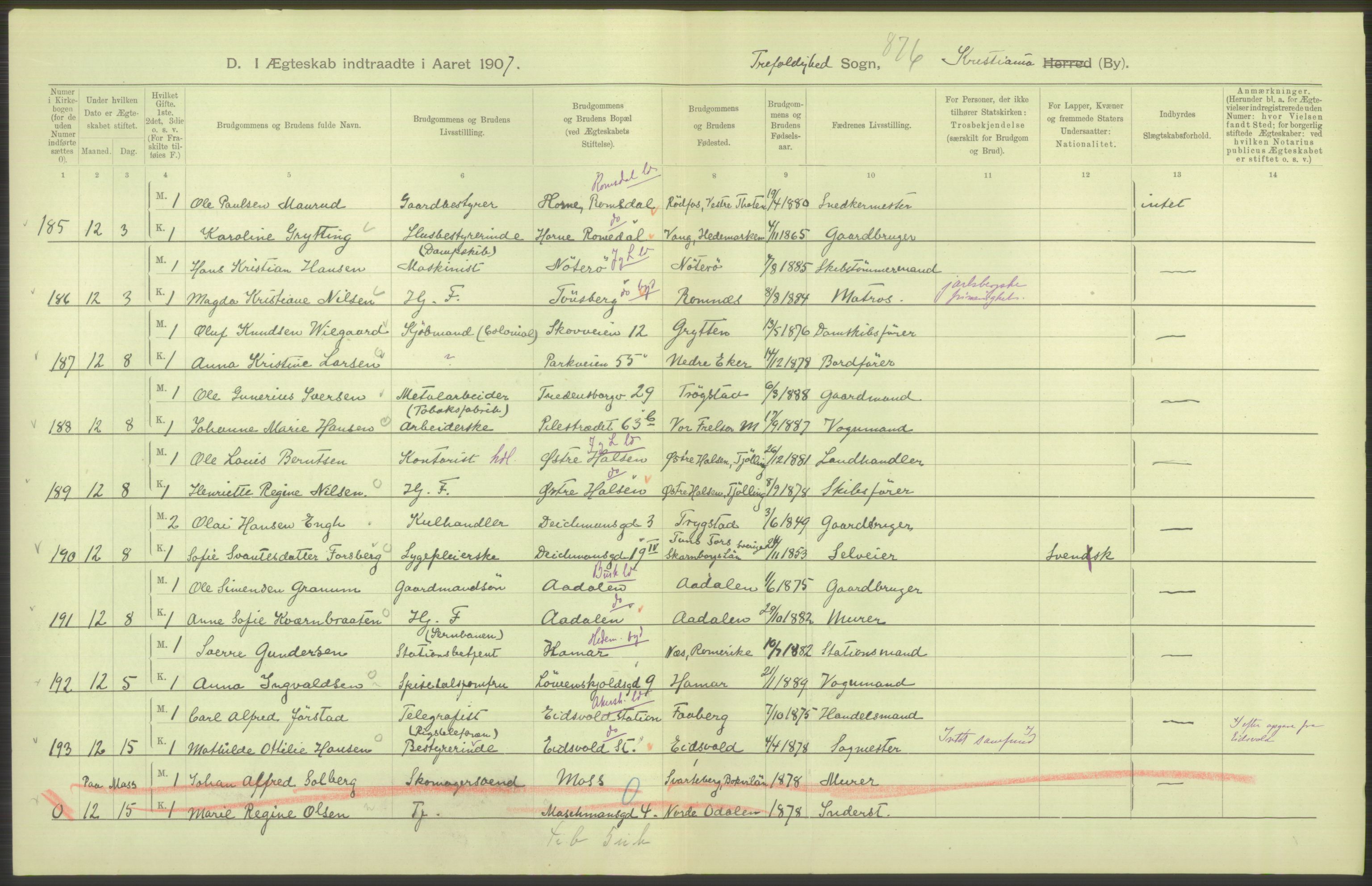 Statistisk sentralbyrå, Sosiodemografiske emner, Befolkning, AV/RA-S-2228/D/Df/Dfa/Dfae/L0008: Kristiania: Gifte, 1907, p. 272